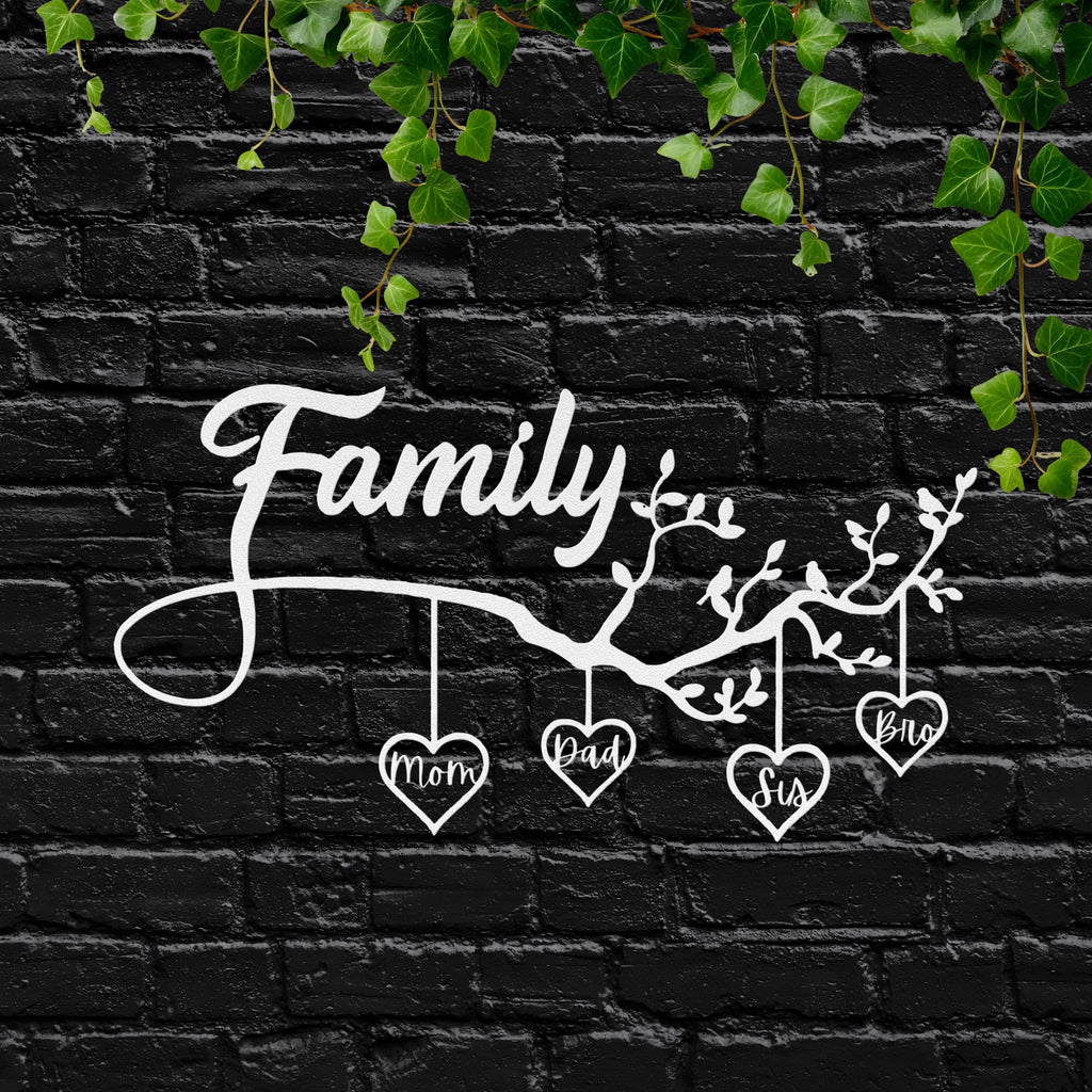 Personalized Family Tree Sign - Custom Metal Wall Art With Hanging Heart Names