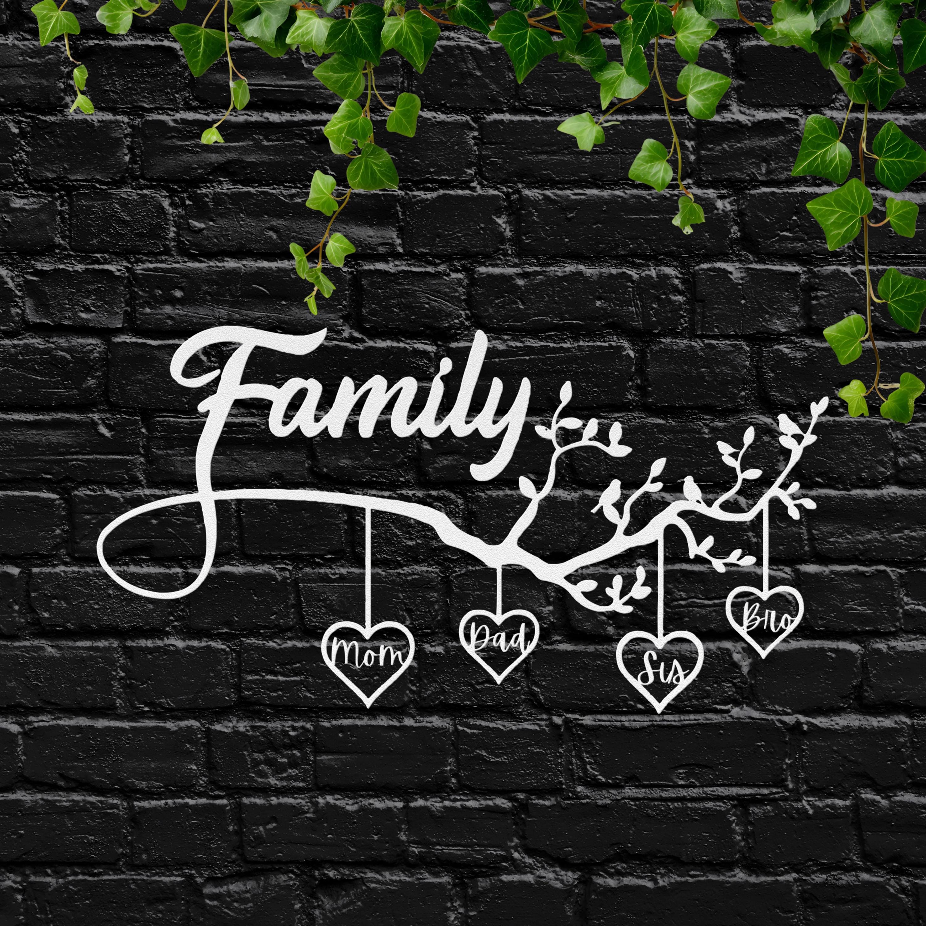 Personalized Family Tree Sign - Custom Metal Wall Art With Hanging Heart Names