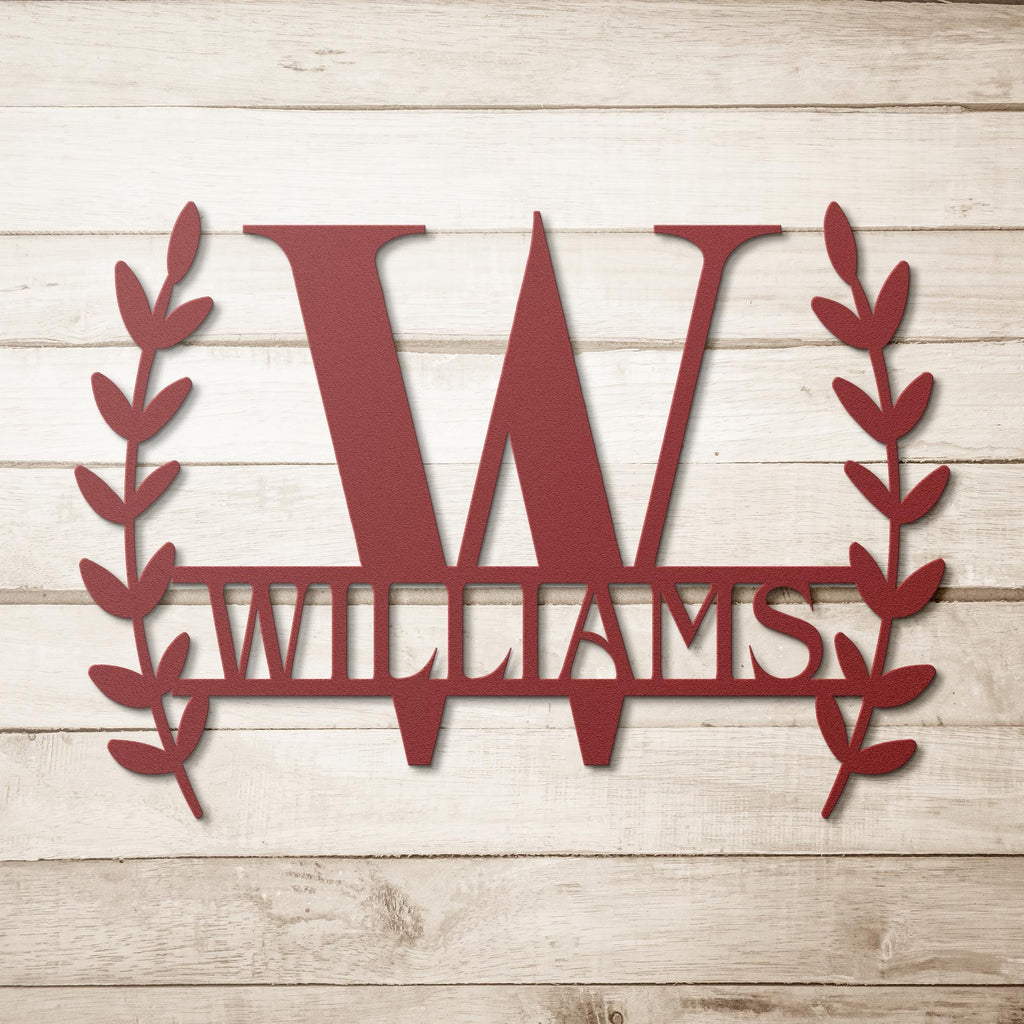 Personalized Laurel Leaf Metal Sign: Custom Benguiat Font, Powder Coated Steel