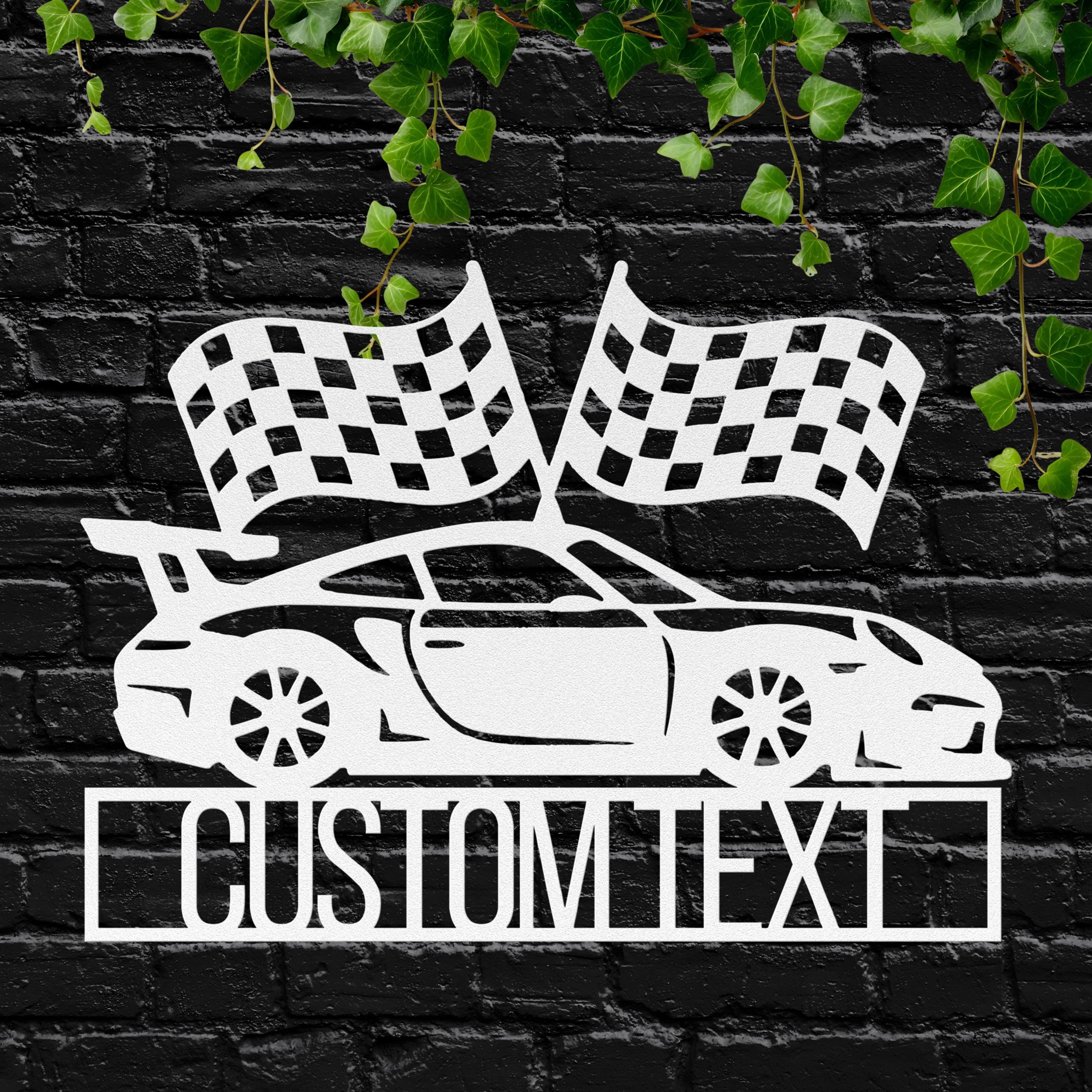 Custom Race Car Metal Sign, Racing Flags Garage Decor