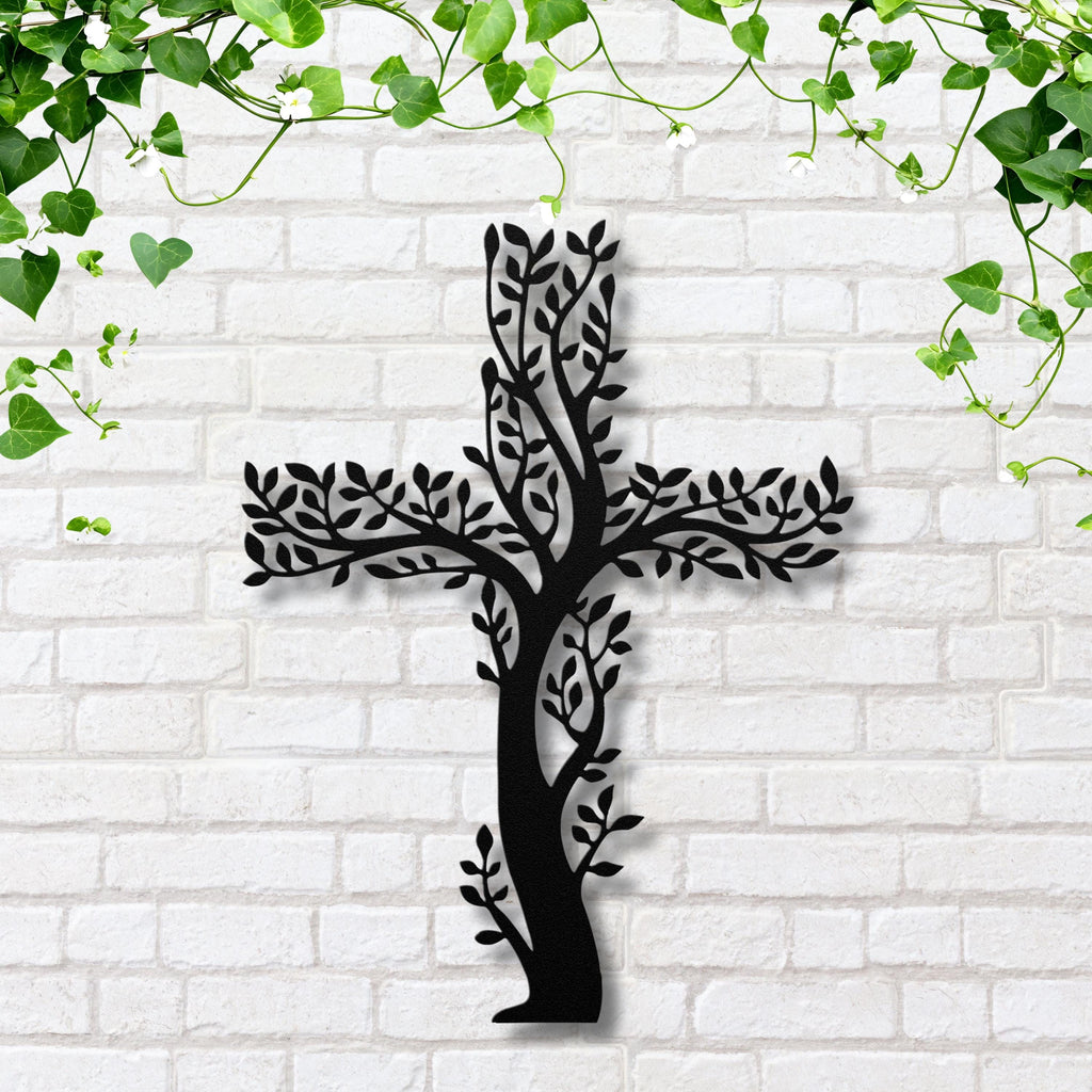Tree of Life Cross Metal Wall Art, Christian Leaf Sign, Religious Nature Decor, Faith Gift
