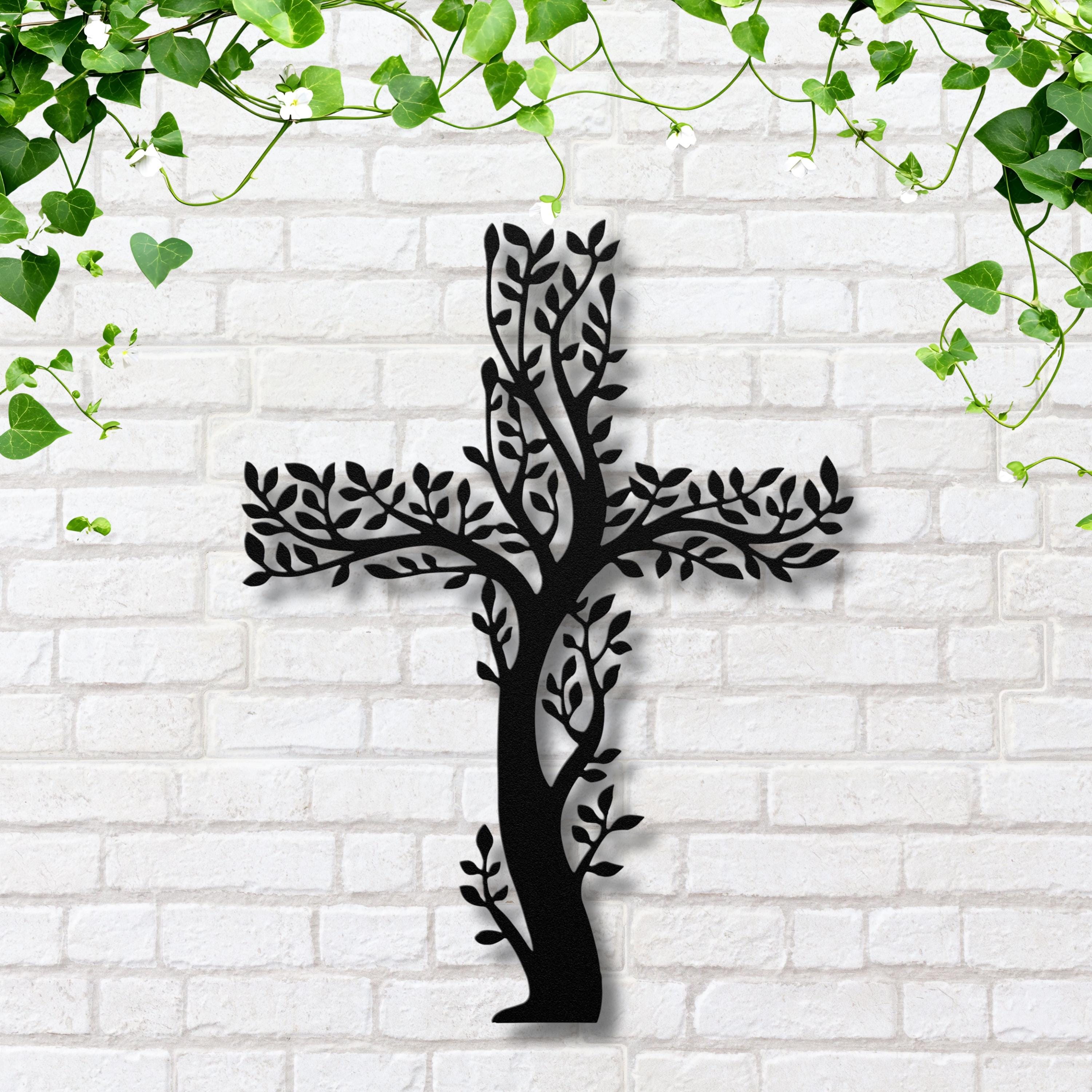 Tree of Life Cross Metal Wall Art, Christian Leaf Sign, Religious Nature Decor, Faith Gift
