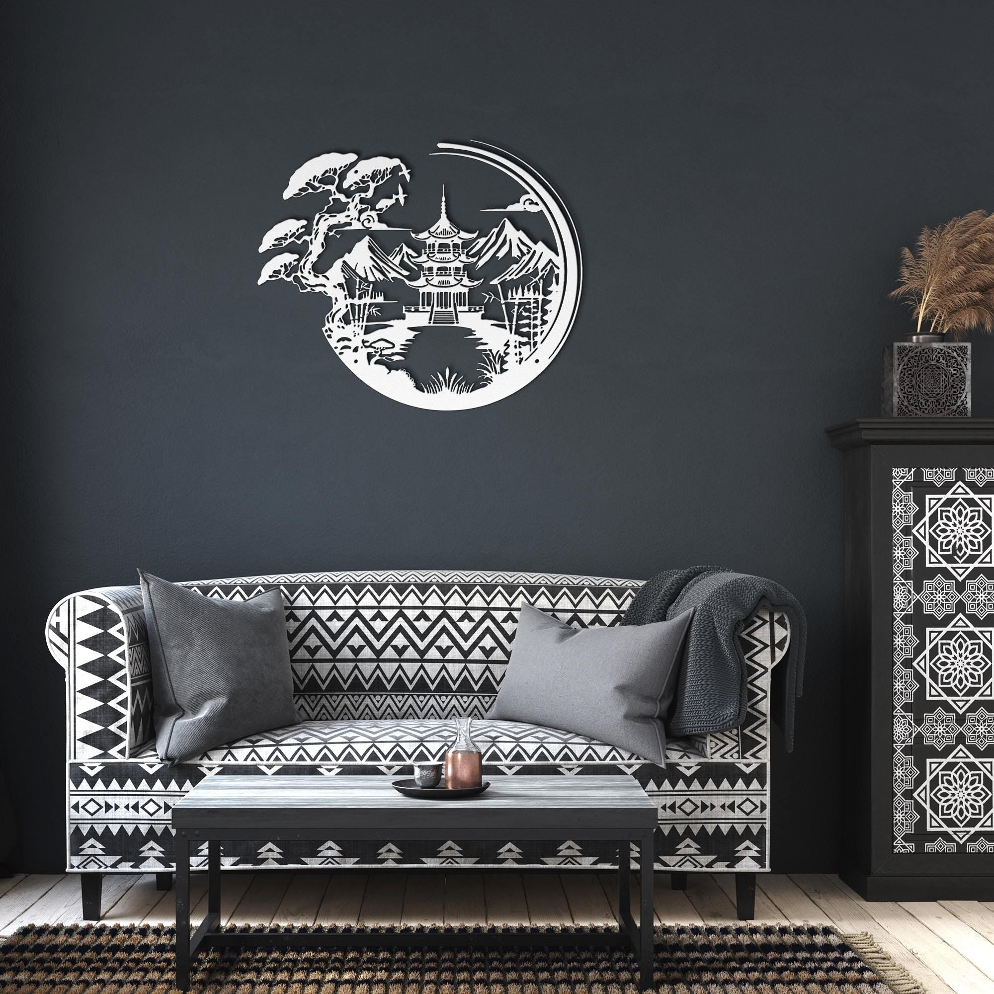 Japanese Pagoda Metal Wall Art: Zen Bonsai Landscape Decor