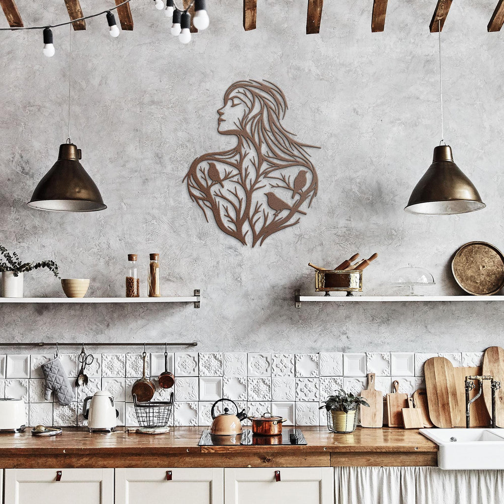 Tree of Life Woman Metal Wall Art | Boho Silhouette with Birds