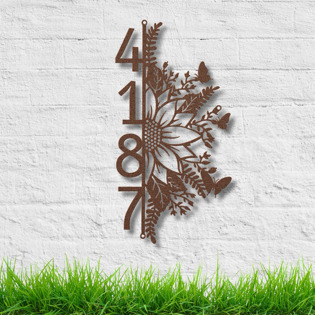Vertical Sunflower Metal Address Sign, Custom House Numbers, Floral Plaque