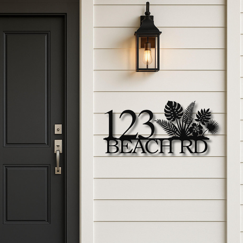 Personalized Beach House Number Sign, Tropical Metal Address Plaque, Palm Leaf Hibiscus Decor, Coastal Home Gift
