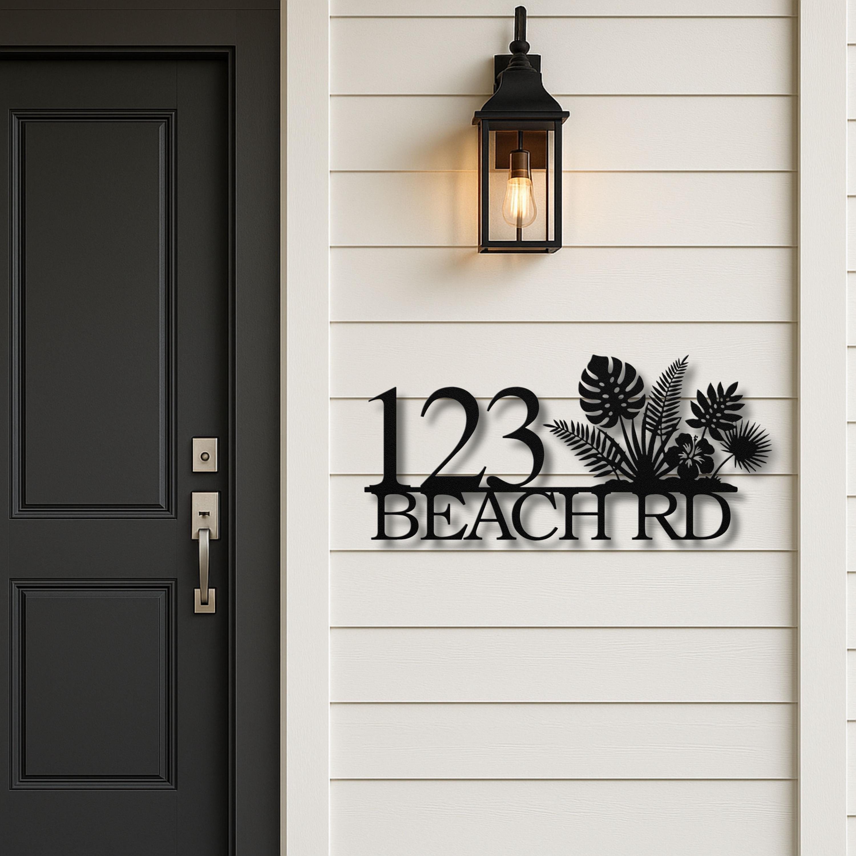 Personalized Beach House Number Sign, Tropical Metal Address Plaque, Palm Leaf Hibiscus Decor, Coastal Home Gift