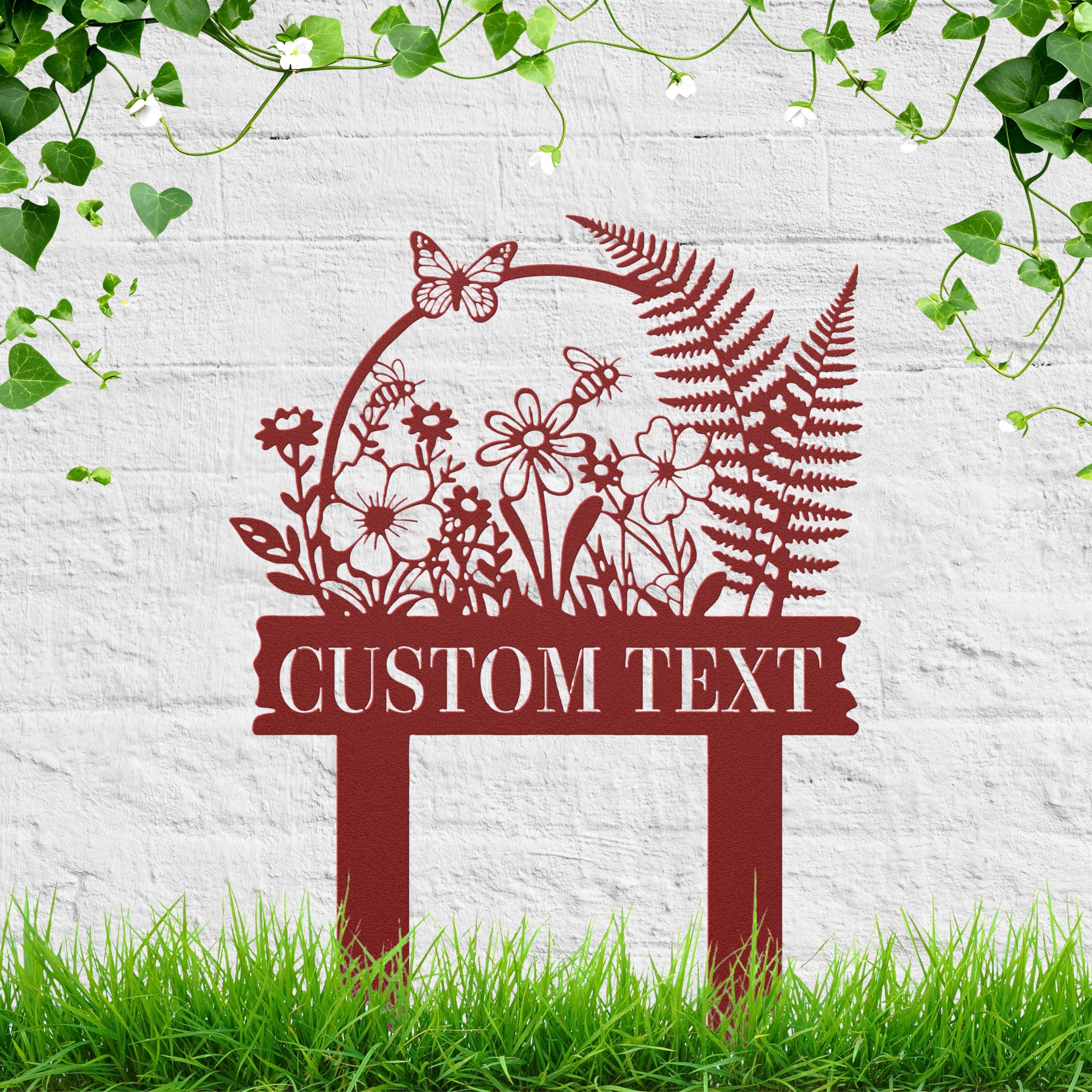 Die-Cut Meadow Flower Garden Sign, Personalized Butterfly & Bee Metal Stake, Custom Text Pollinator Patch Marker, Gardener Gift