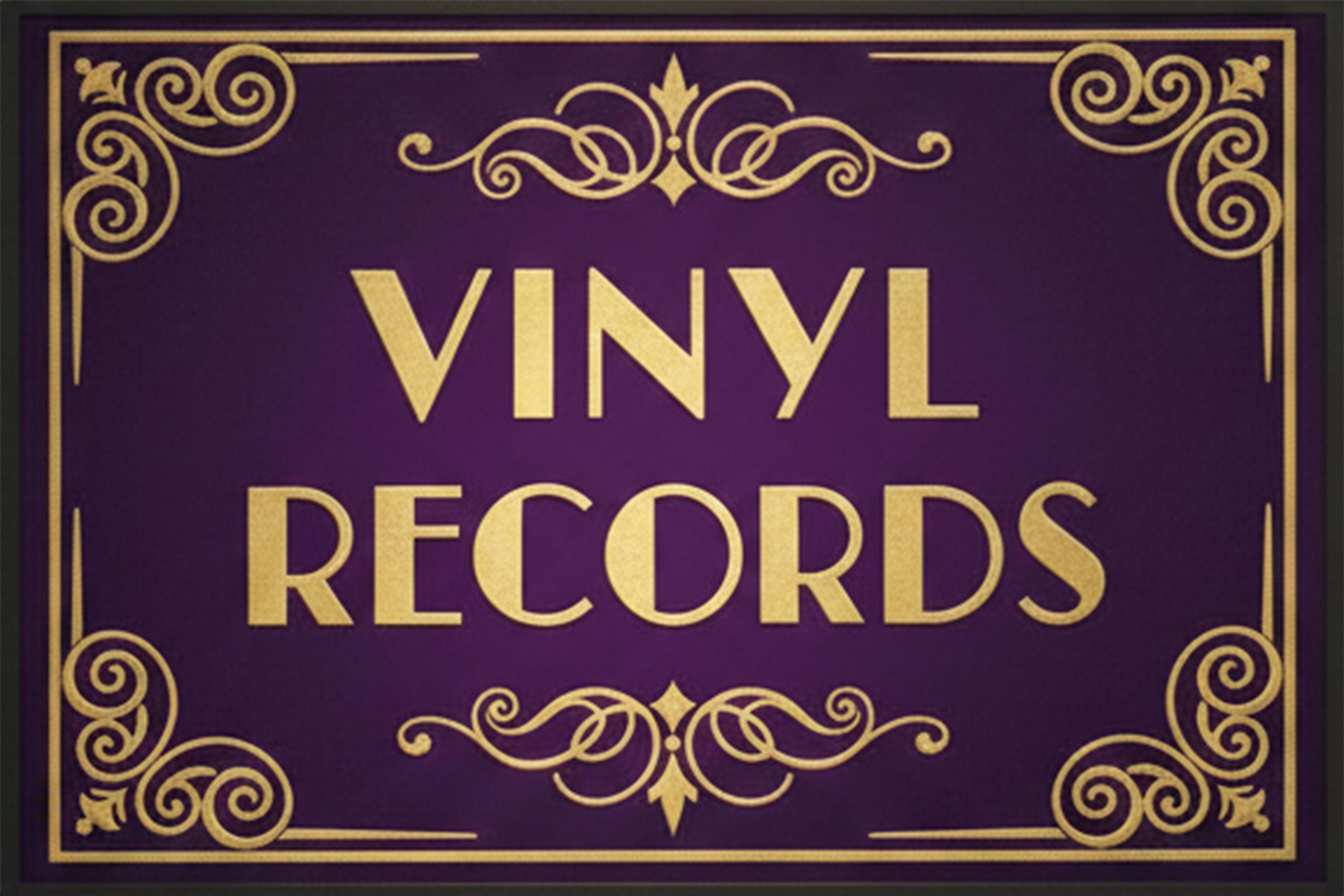 Vinyl Records Metal Sign, Vintage Music Store Decor, Retro Record Shop Art, Purple and Gold Plaque, Man Cave Wall Hanging
