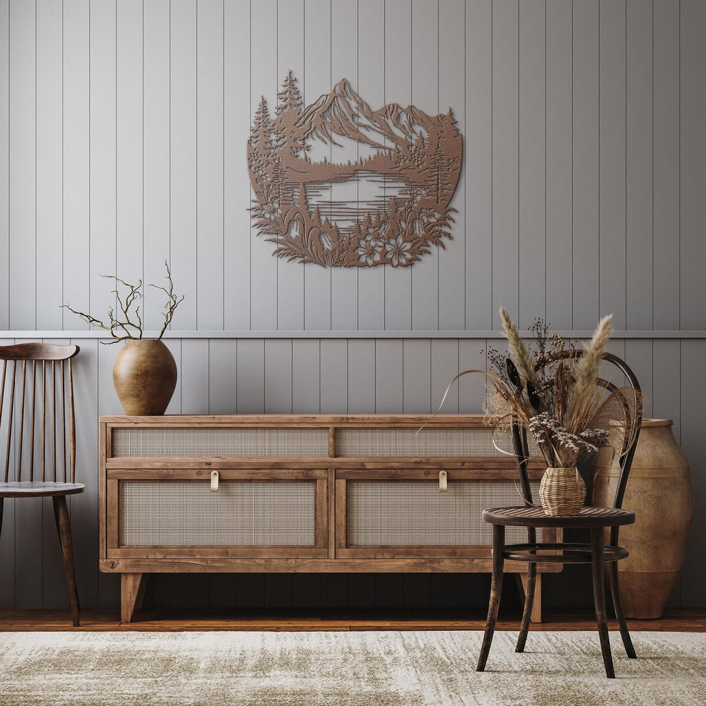 Mountain Metal Wall Art, Lake Cabin Decor, Rustic Pine Tree Silhouette