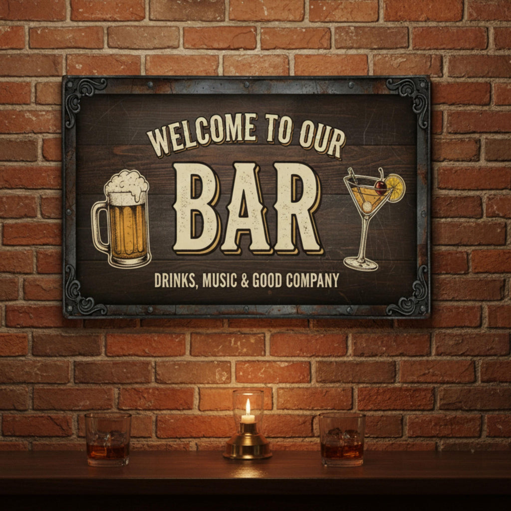 Welcome Bar Sign - Rustic Pub Decor | Custom Metal Bar Plaque With Beer Mug Art