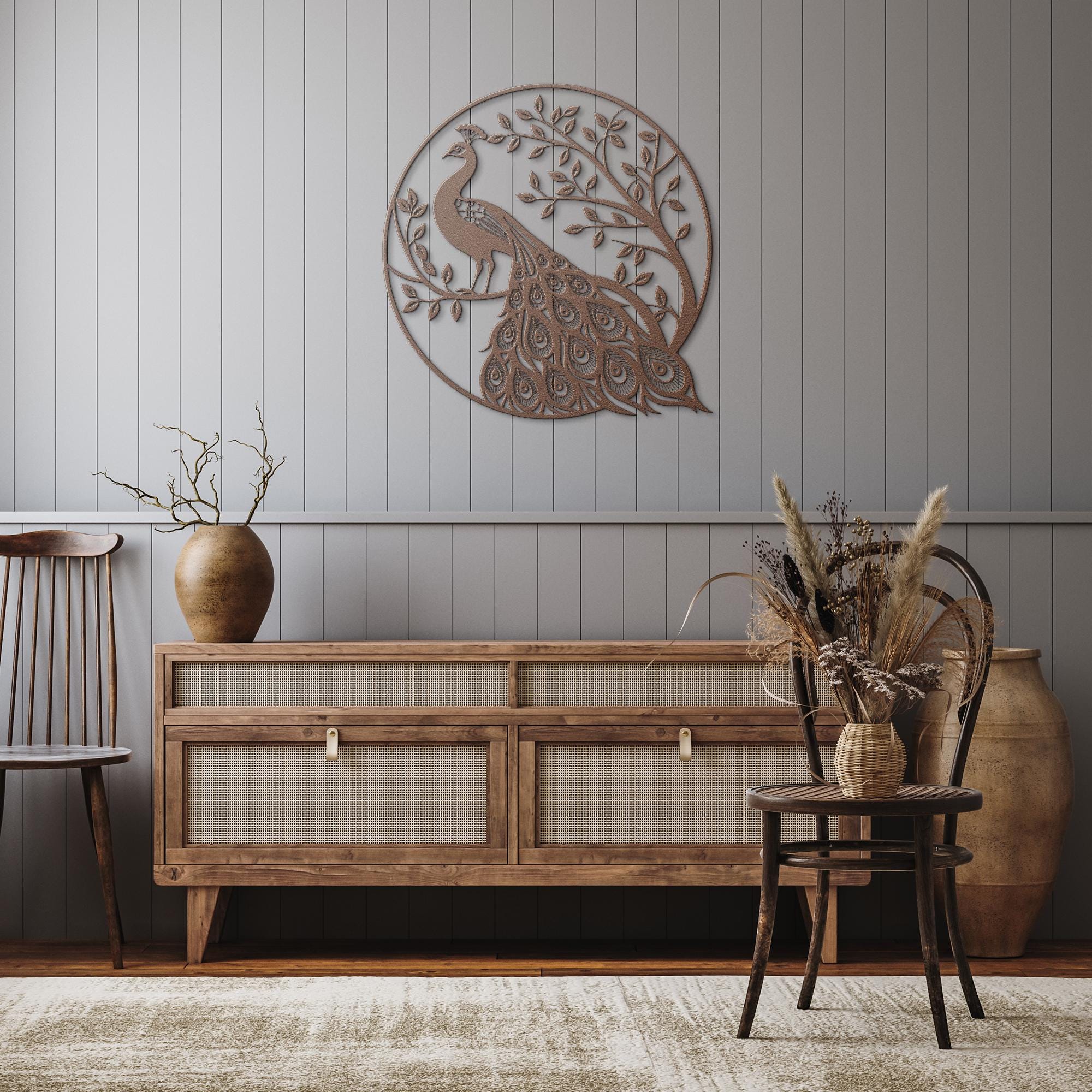Peacock Metal Wall Art, Die Cut Bird on Tree Silhouette