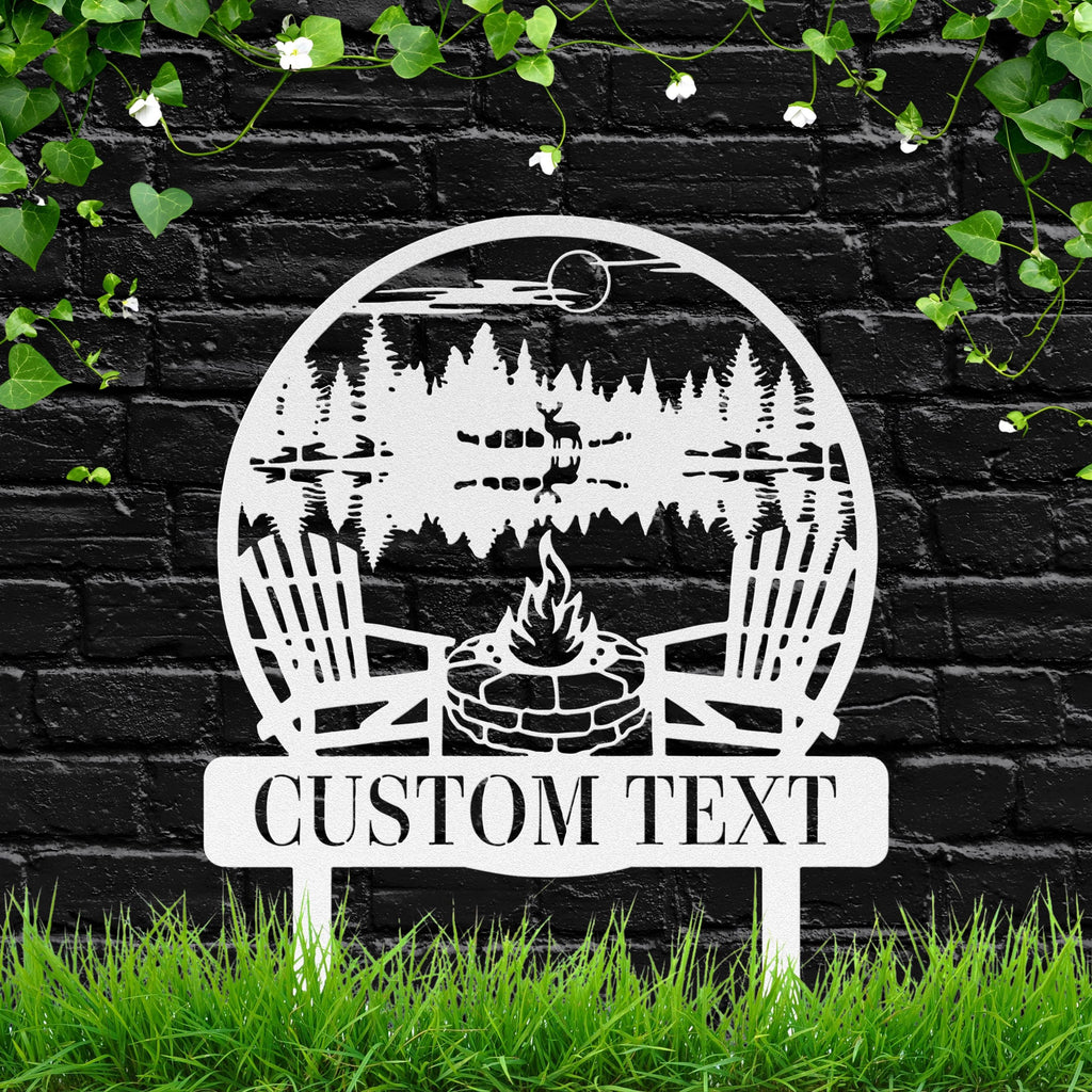 Rustic Campfire Metal Sign – Custom Text Metal Garden Sign with Deer and Cabin Scenery