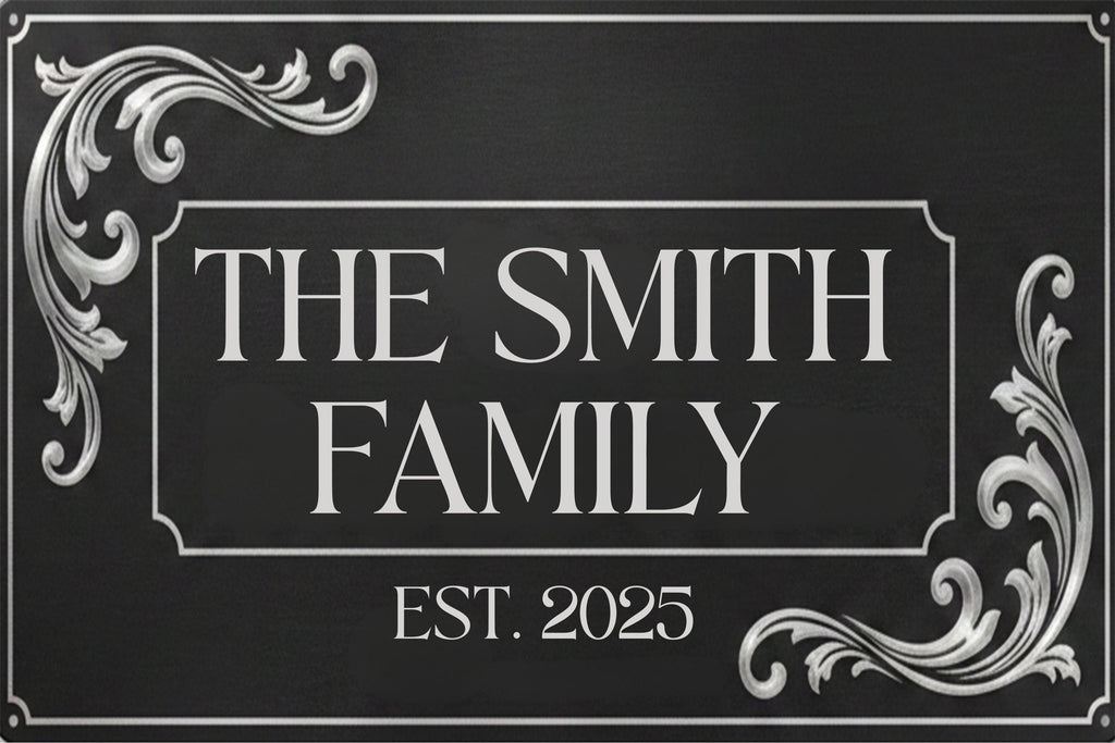 Personalized Metal Sign – Elegant Family Name Plaque with Baroque Corner Design