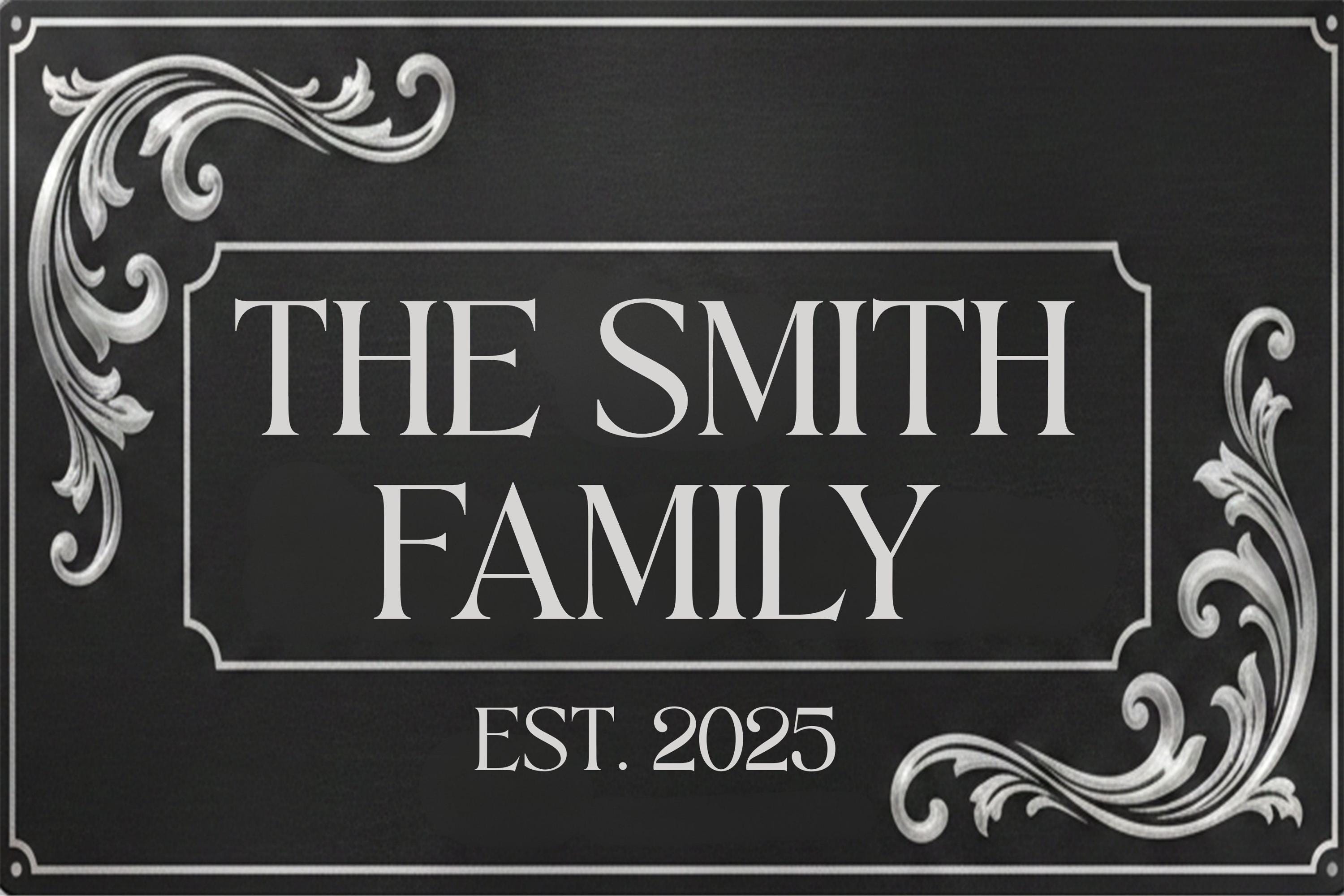 Personalized Metal Sign – Elegant Family Name Plaque with Baroque Corner Design