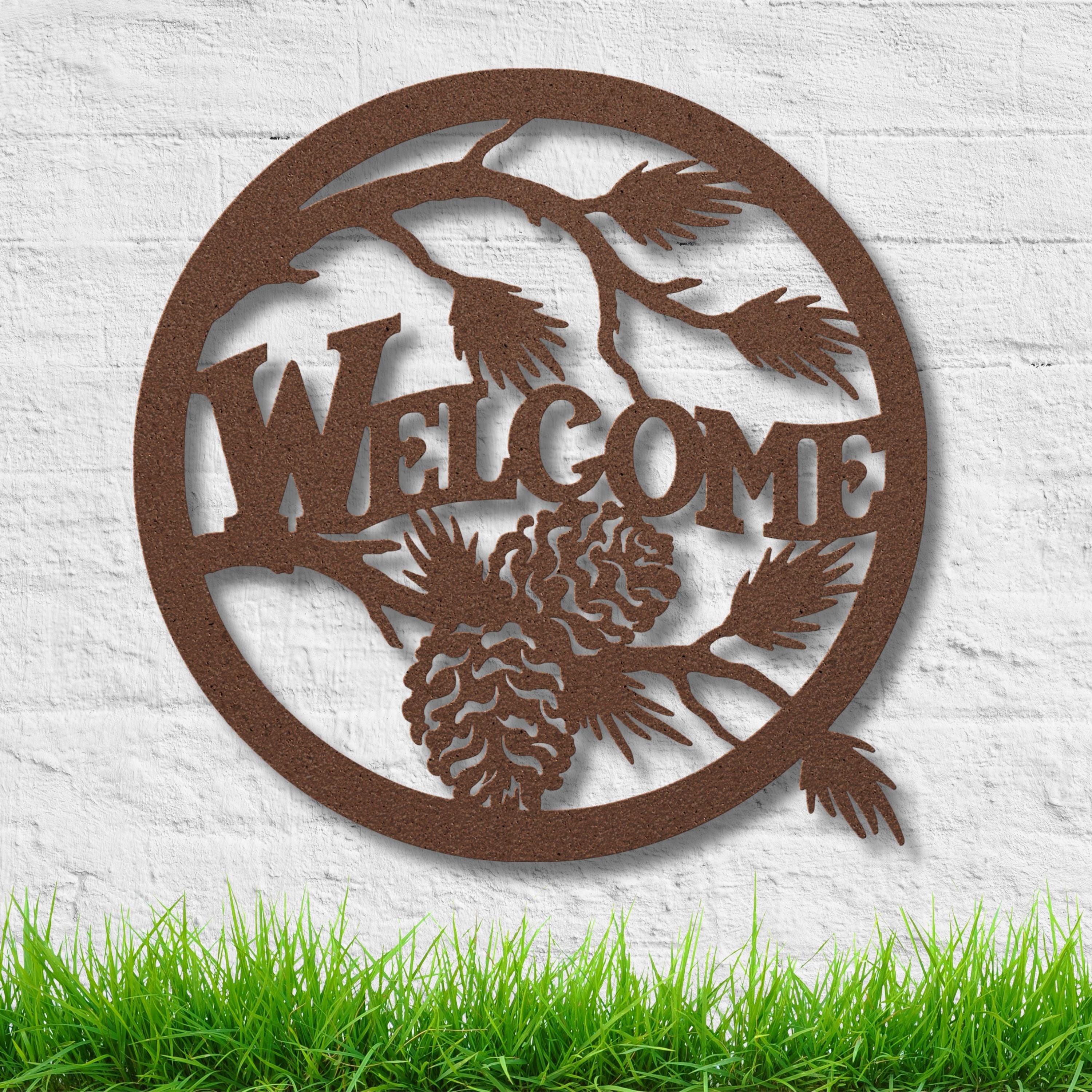 Rustic Welcome Pinecone Metal Sign, Cabin Forest Decor, Pine Branch Door Sign