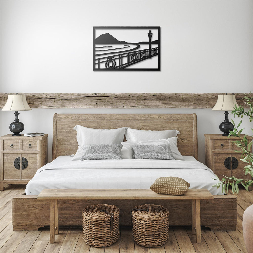 Seaside Boardwalk Metal Wall Art | Ocean View Decor | Outdoor Railing & Lamp Post Die-Cut Sign | Custom Nautical Gift