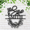 Personalized Mr. & Mrs. Metal Sign, Custom Last Name Wedding Gift, Floral Wreath Wall Decor