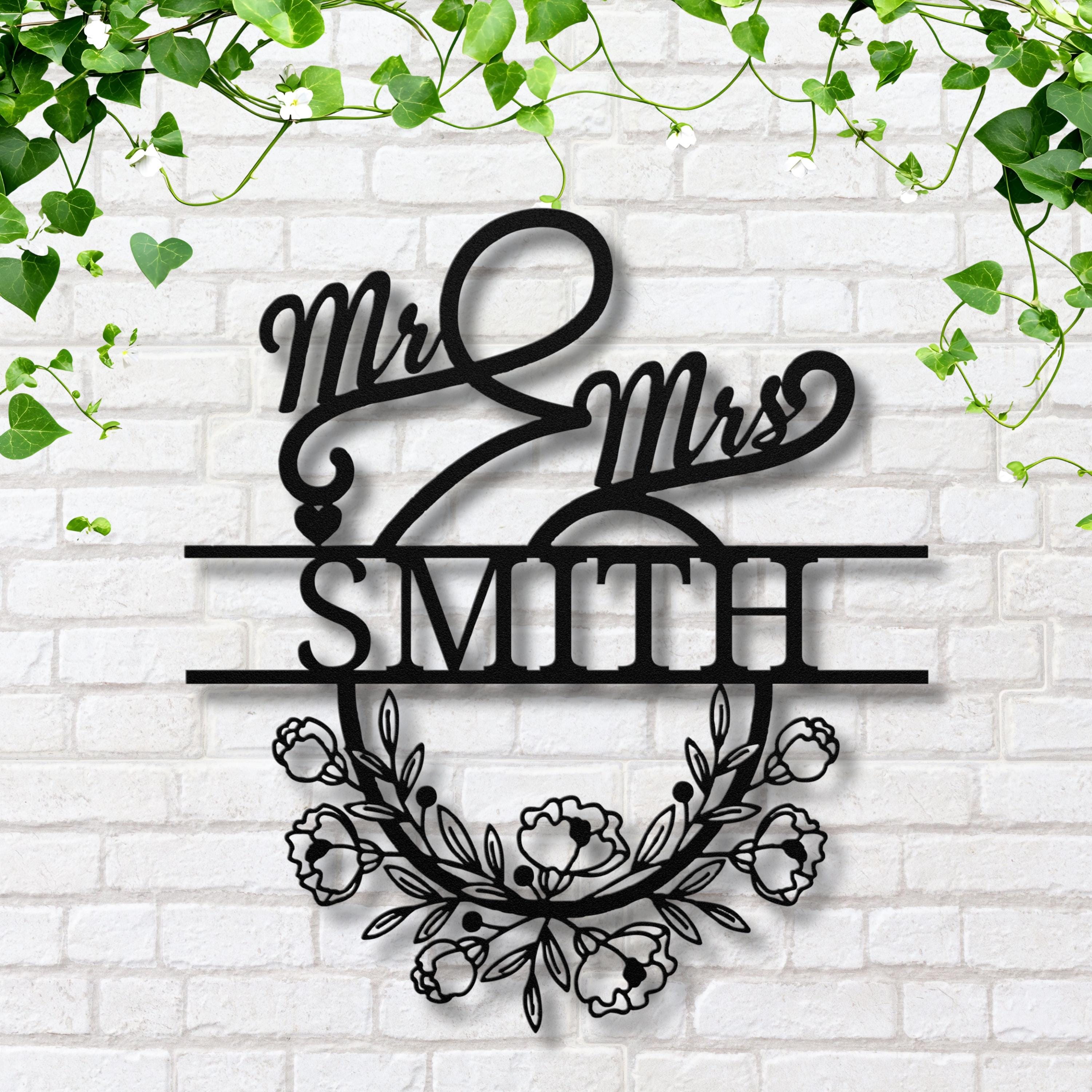 Personalized Mr. & Mrs. Metal Sign, Custom Last Name Wedding Gift, Floral Wreath Wall Decor