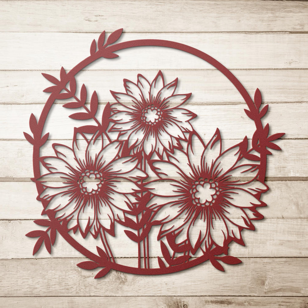Sunflower Metal Wall Art - Rustic Farmhouse Floral Outline Decor With Metal Flower Ring