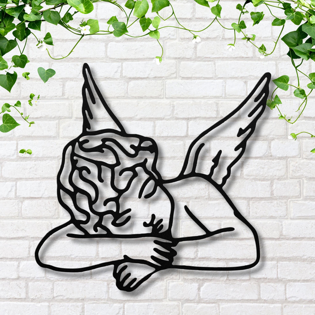 Sleeping Angel Metal Wall Art | Cherub Die-Cut Sign | Ethereal Line Art Home Decor