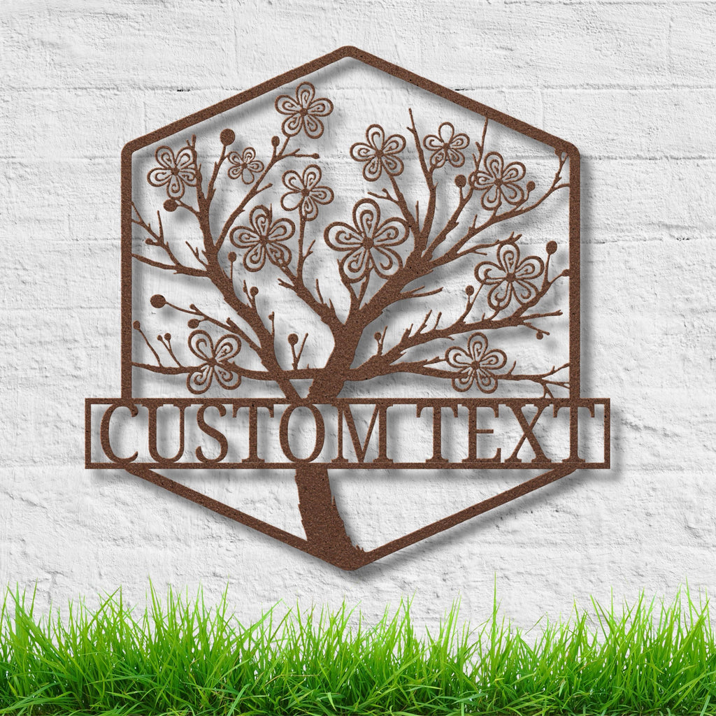 Personalized Cherry Blossom Sign, Metal Tree of Life Art, Custom Flower Decor, Hexagon Die Cut Wall Art, Unique Home Decor Gift