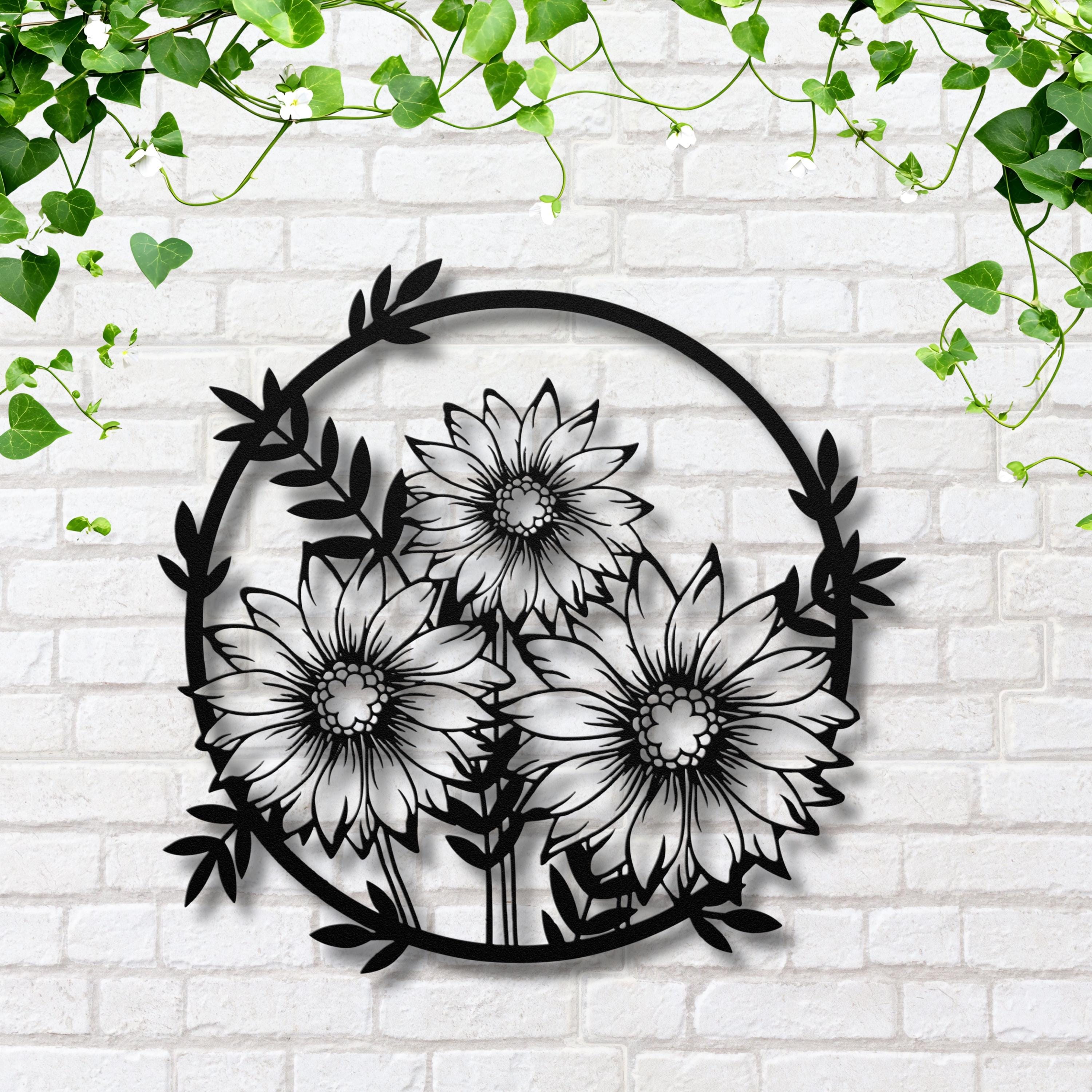 Sunflower Metal Wall Art - Rustic Farmhouse Floral Outline Decor With Metal Flower Ring