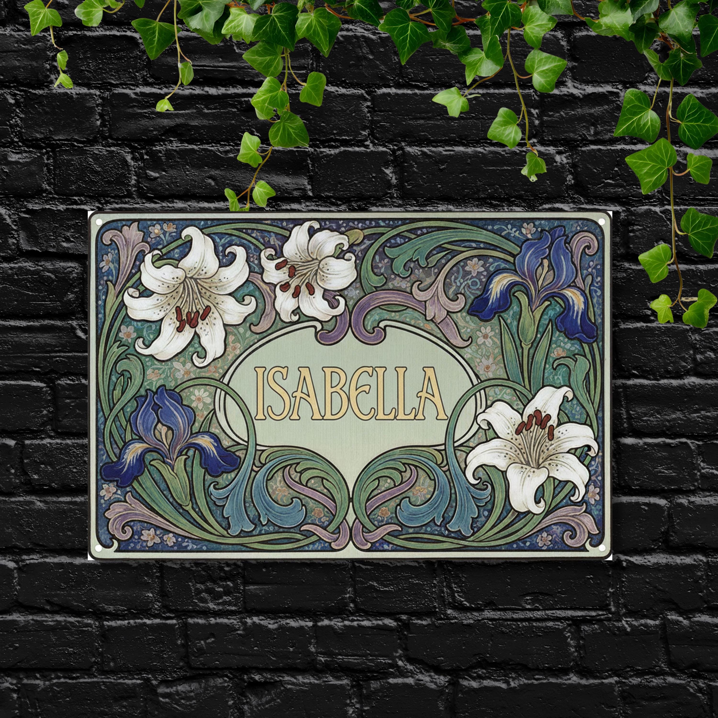Custom Art Nouveau Name Sign, Personalized Metal Plaque, Lily Iris Floral Wall Art