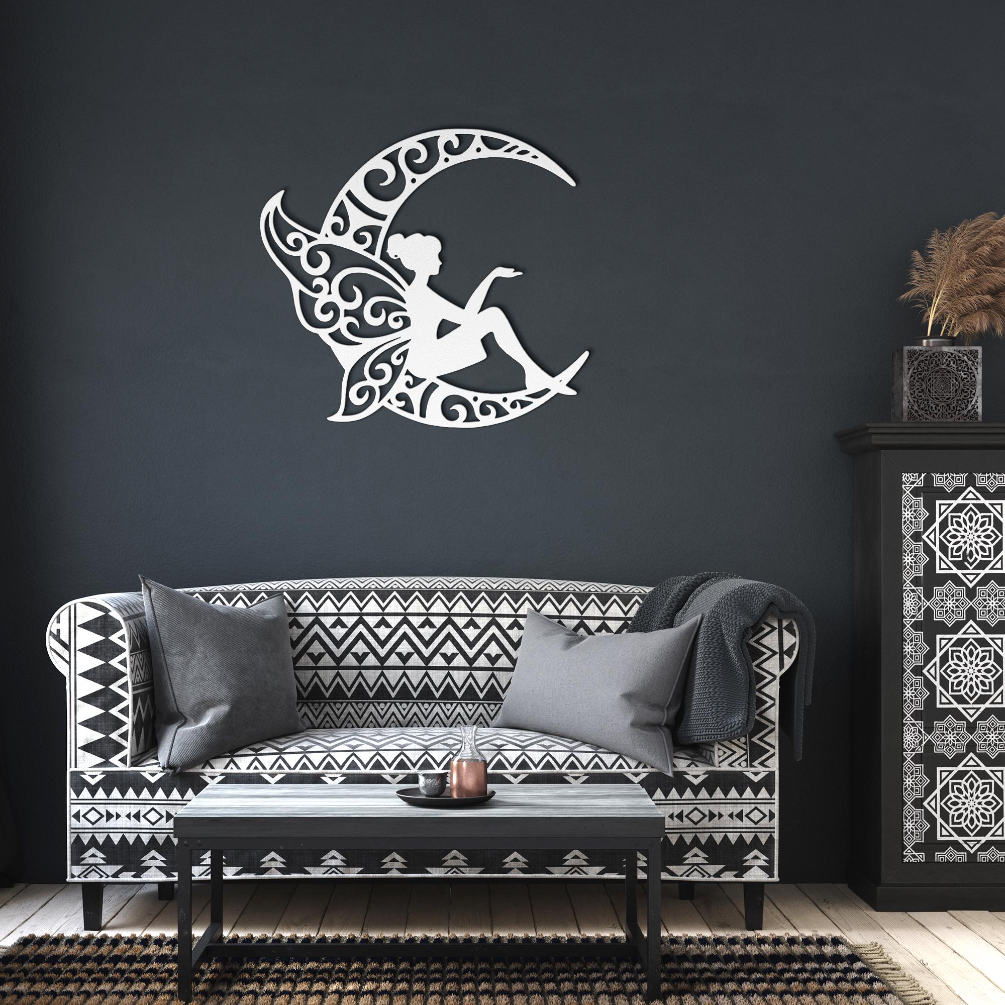 Fairy Metal Art – Crescent Moon Sign | Whimsical Wall Decor, Unique Black Nursery Hanging