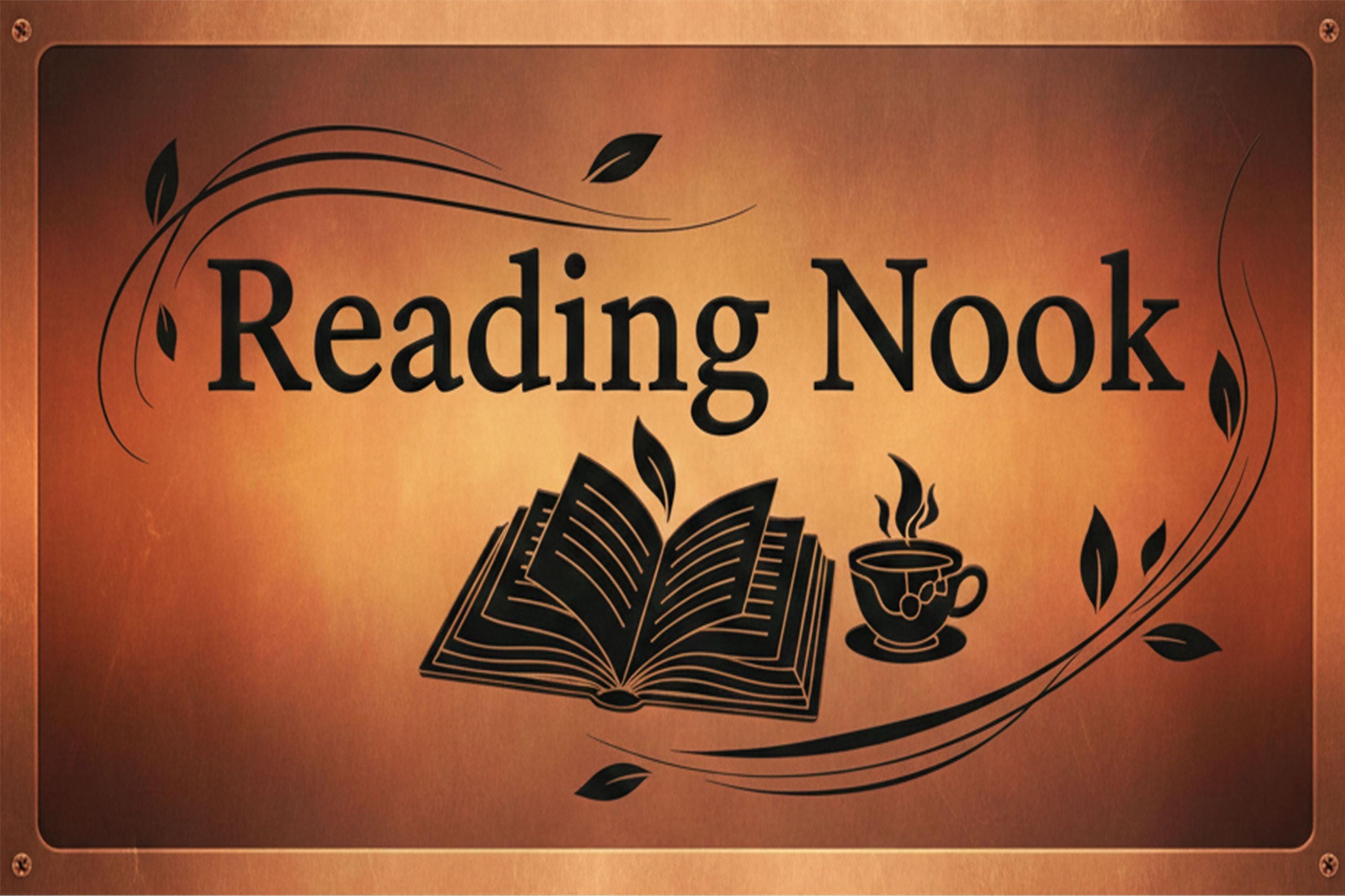 Reading Nook Metal Sign | Cozy Library Decor | Book Lover Gift | Vintage Study Wall Art | Tea Coffee Plaque | Literary Tin Sign
