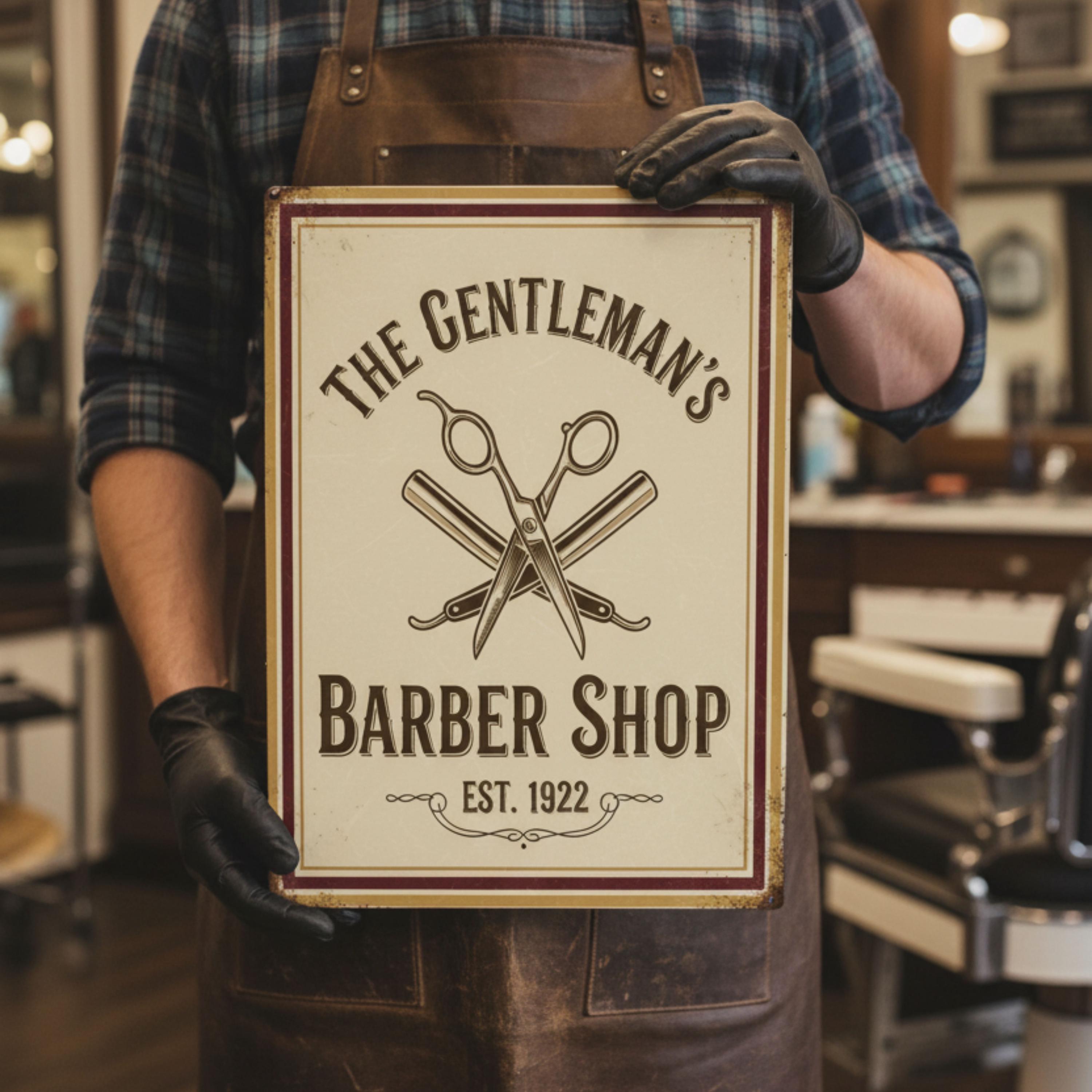 The Gentleman's Barber Shop Sign - Vintage Metal Wall Art - Custom Shaving & Haircut Decor