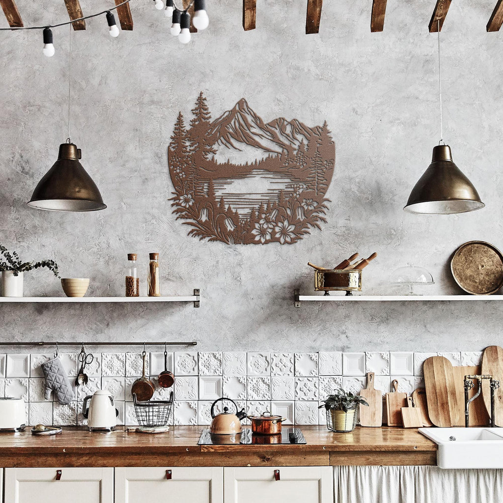 Mountain Metal Wall Art, Lake Cabin Decor, Rustic Pine Tree Silhouette