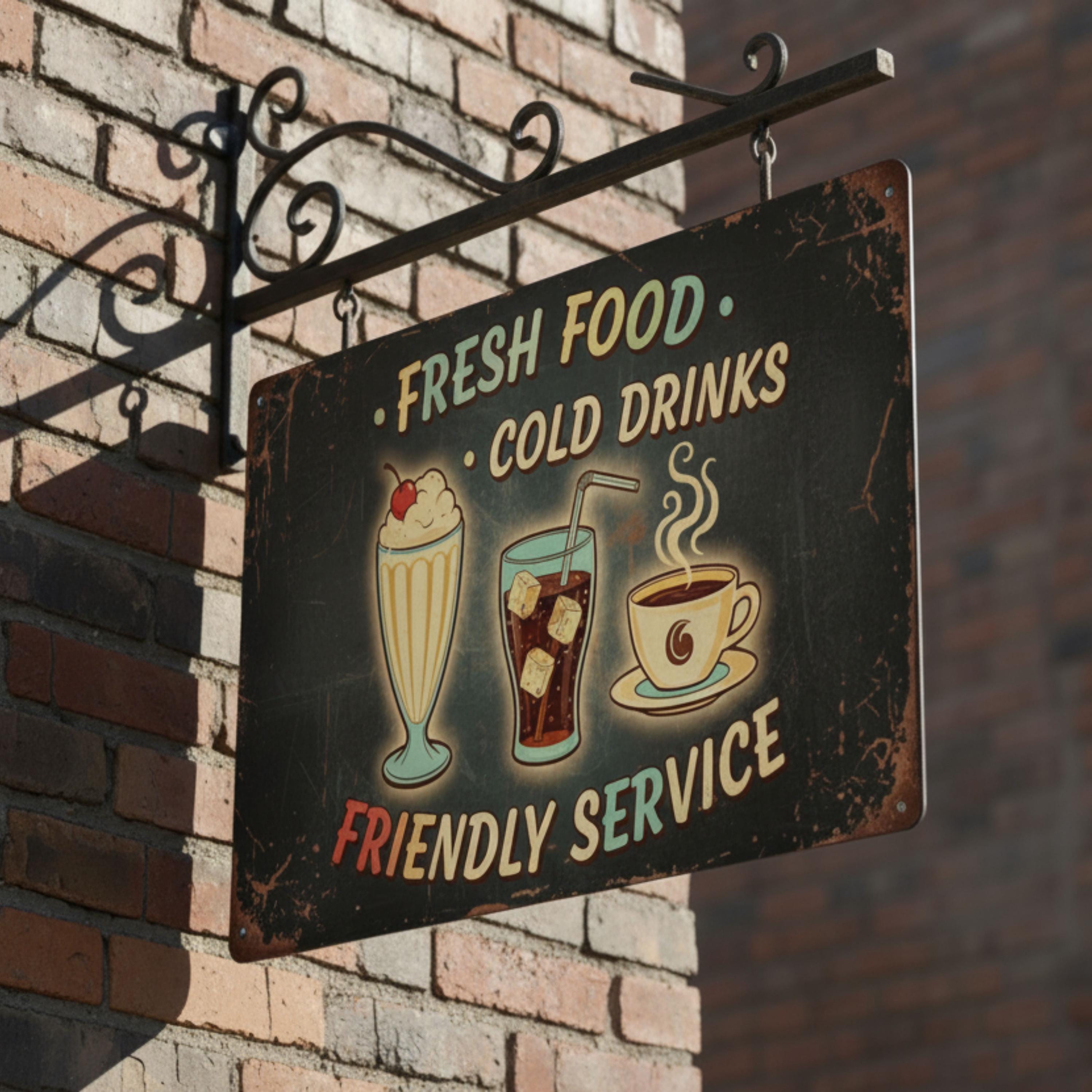 Retro Diner Metal Sign | Fresh Food, Cold Drinks Wall Art