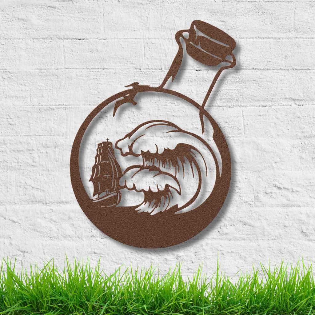 Nautical Ship in Bottle Metal Wall Art, Ocean Wave Sign, Sailing Decor, Sailor Gift