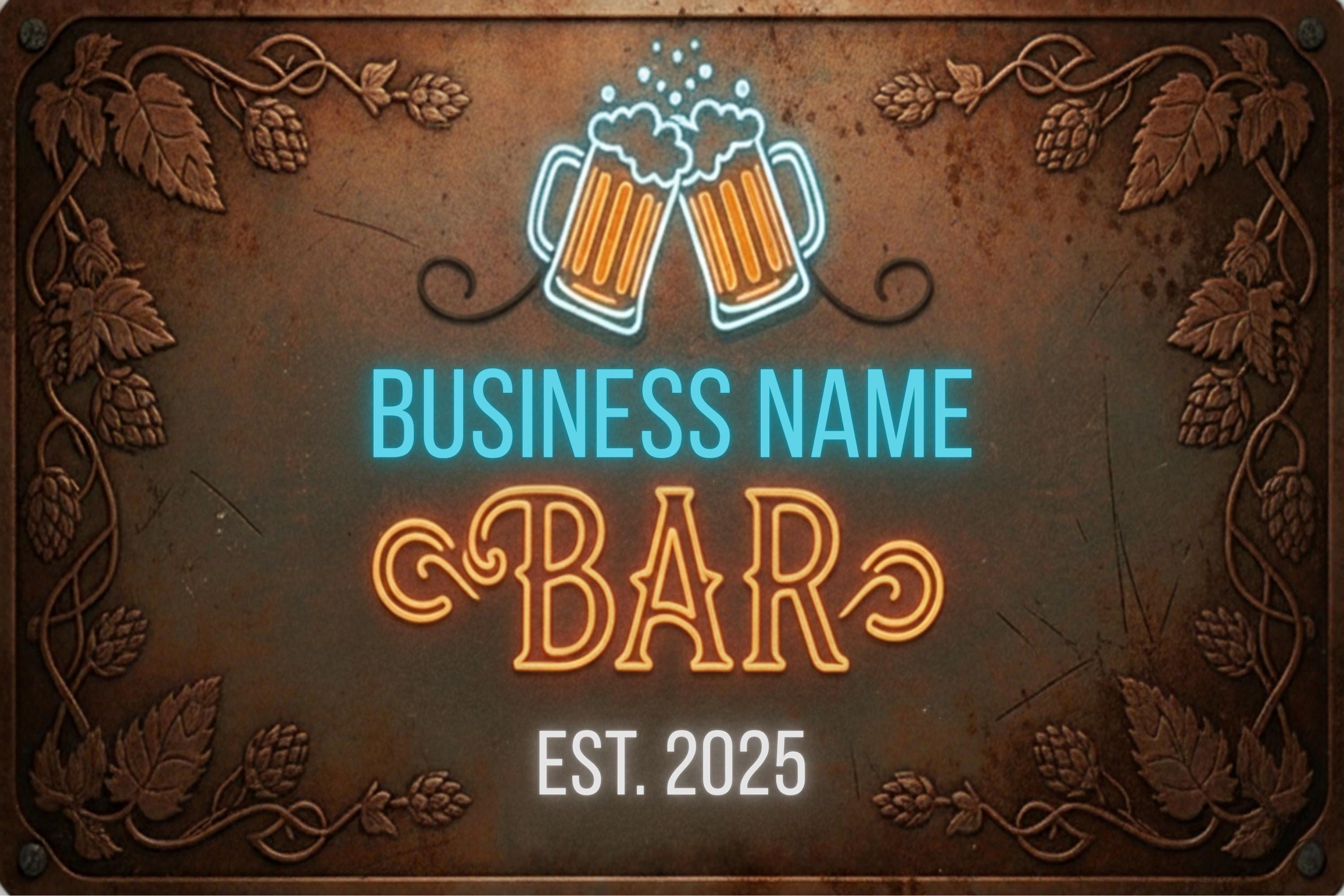 Custom Neon Bar Sign, Personalized Metal Pub Plaque, Vintage Brewery Decor, Est. Date Man Cave Gift, Rustic Home Bar Wall Art, Beer Cheers