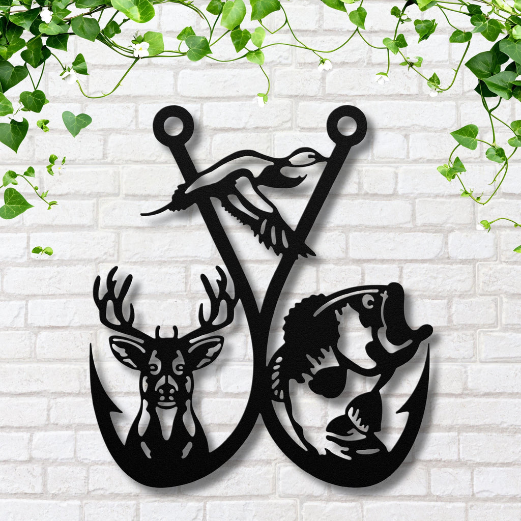 Hunting and Fishing Metal Sign, Deer Duck Bass Hook Wall Art, Outdoorsman Gift Decor