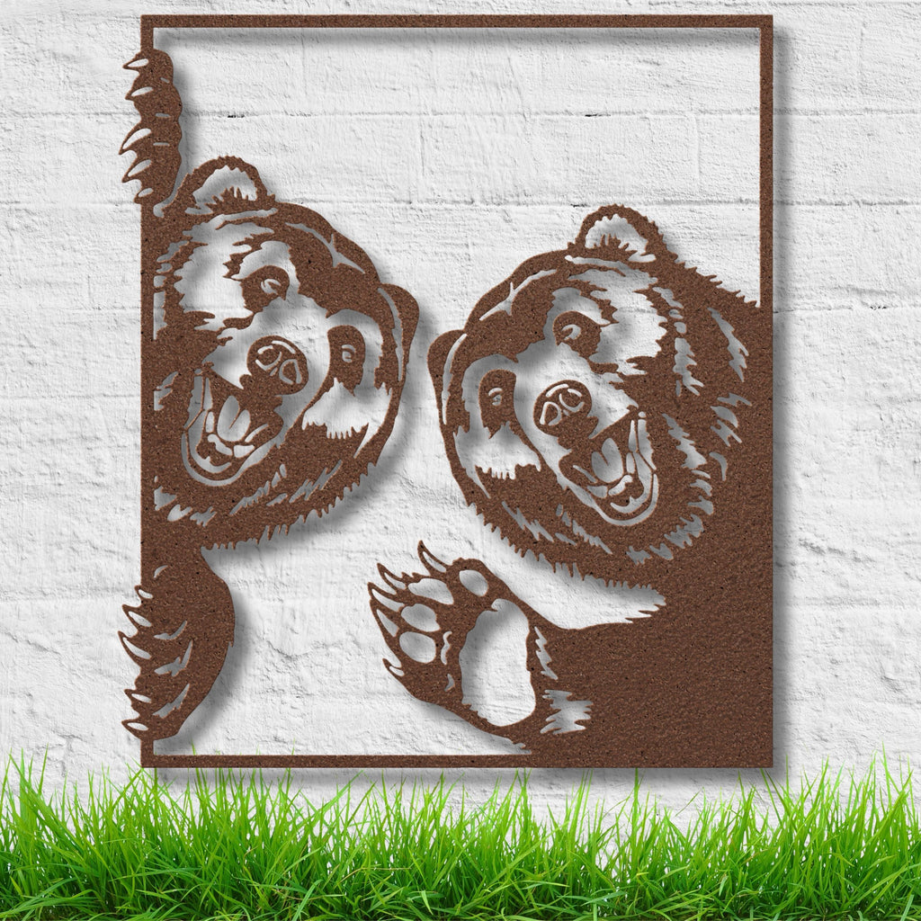 Smiling Bears Metal Wall Art, Playful Grizzly Sign, Wildlife Cabin Decor, Happy Animal Gift