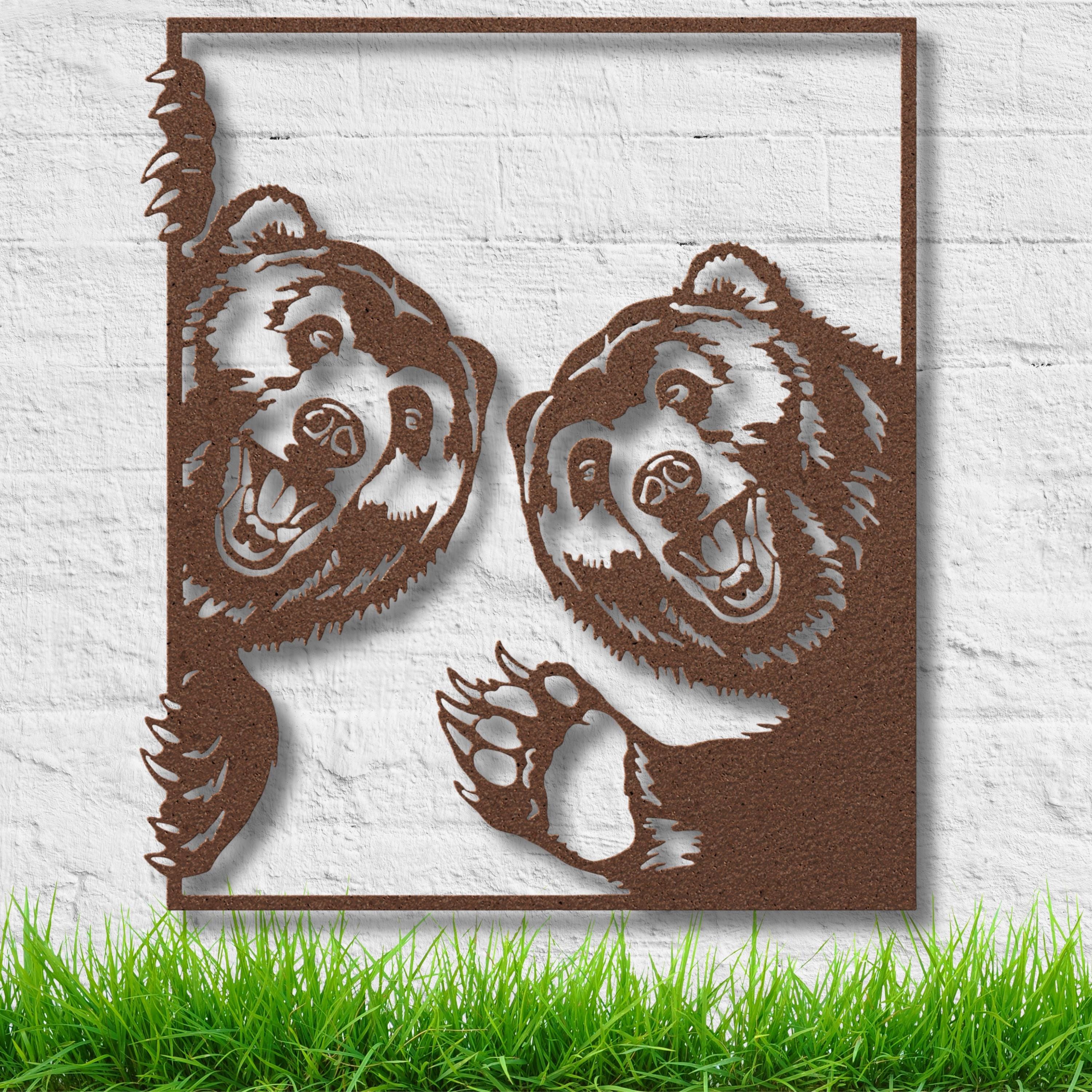 Smiling Bears Metal Wall Art, Playful Grizzly Sign, Wildlife Cabin Decor, Happy Animal Gift