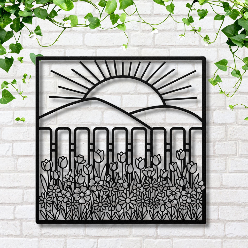 Metal Garden Fence Wall Art, Sunrise Landscape, Spring Flowers