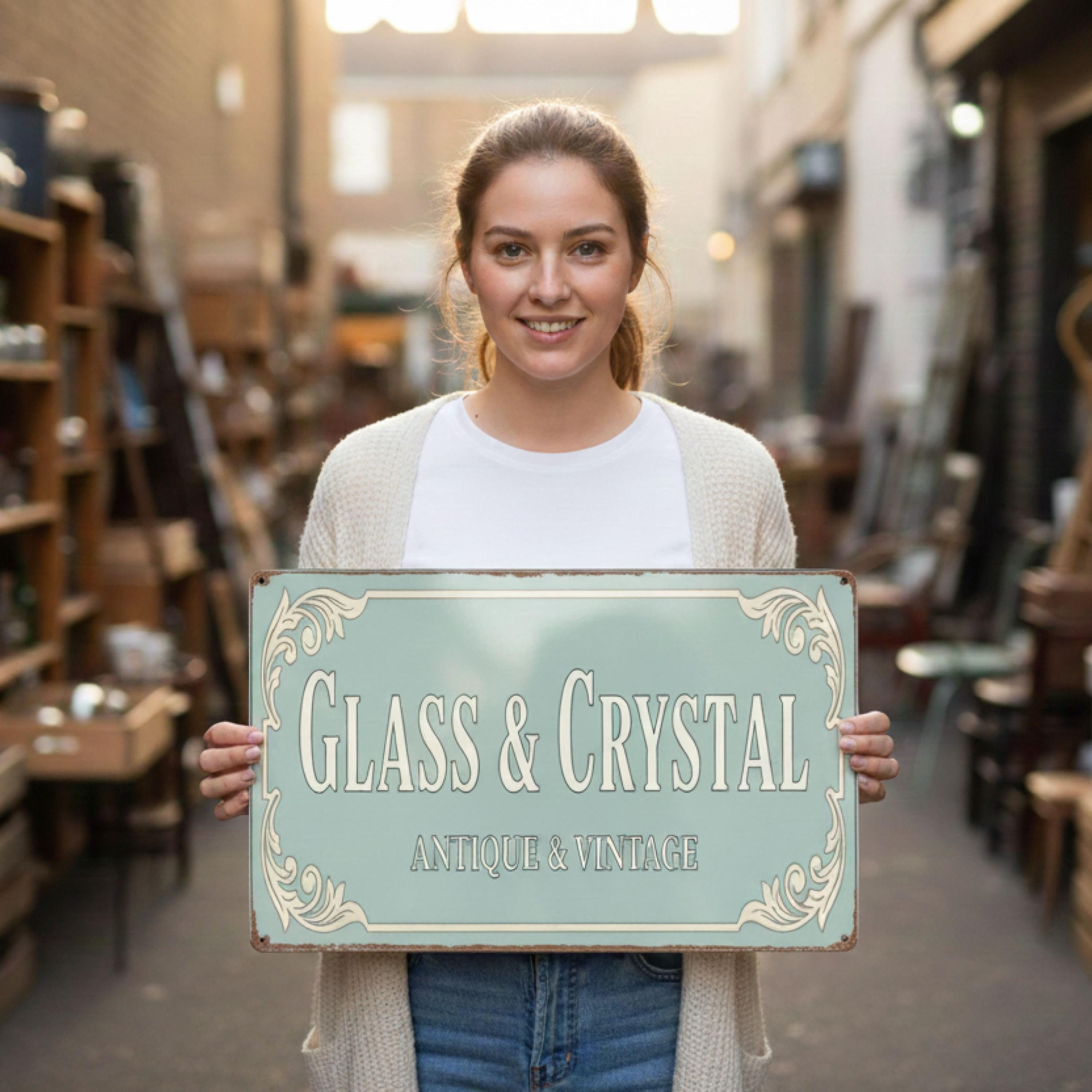 Vintage Style Glass Crystal Shop Sign, Antique Decorative Metal Plaque, Home Decor Gift