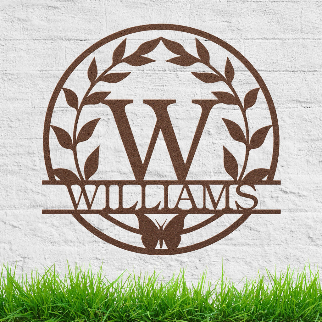 Custom Metal Last Name Sign, Butterfly Leaf Wreath, Anniversary Gift