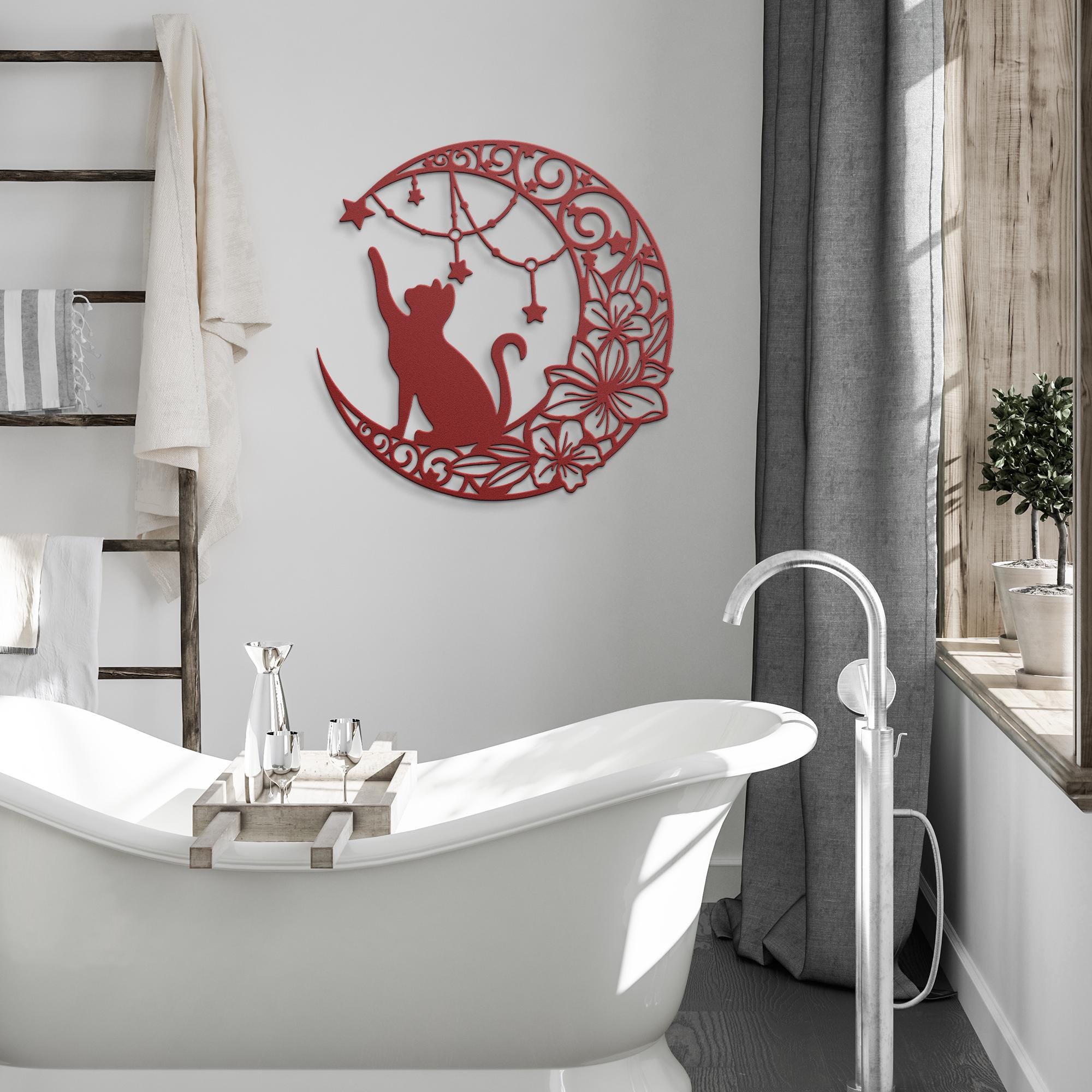 Black Cat Wall Art - Celestial Metal Decor | Crescent Moon Sign With Flower Star Design