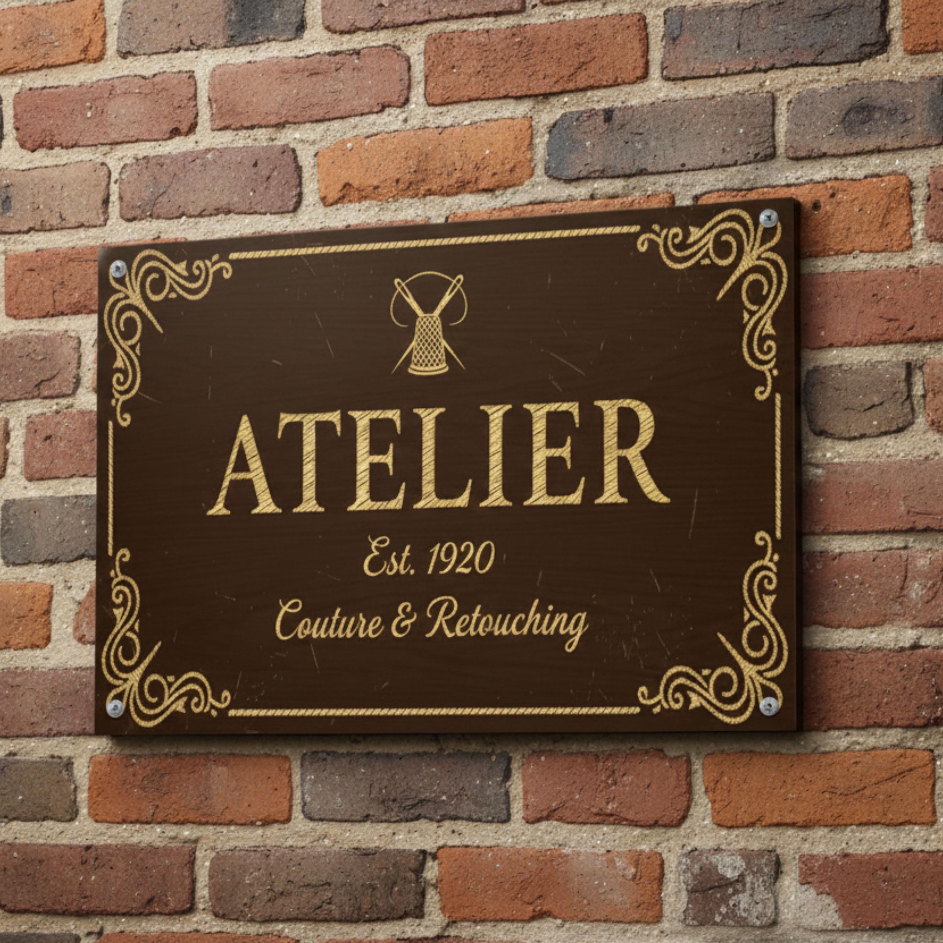 Atelier Metal Sign, Vintage Couture Retouching Art, Rustic Tailor Seamstress Decor