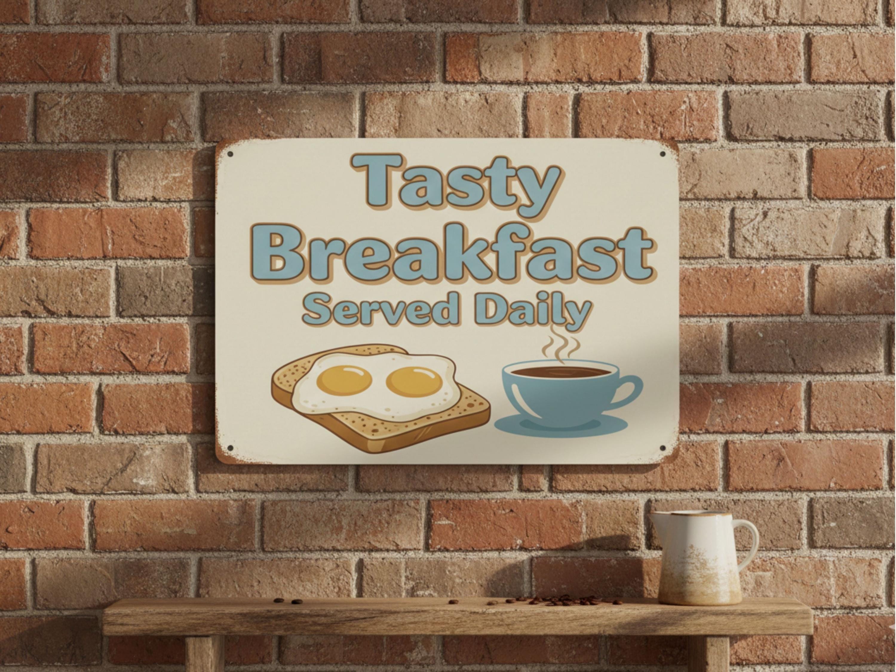 Tasty Breakfast Metal Sign, Kitchen Wall Art, Retro Diner Decor, Eggs and Toast Sign