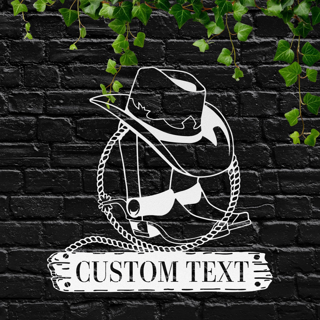 Personalized Cowboy Sign, Western Home Decor, Custom Ranch Sign, Boots & Hat Metal Art, Die Cut Wall Decor, Rustic Farmhouse Gift