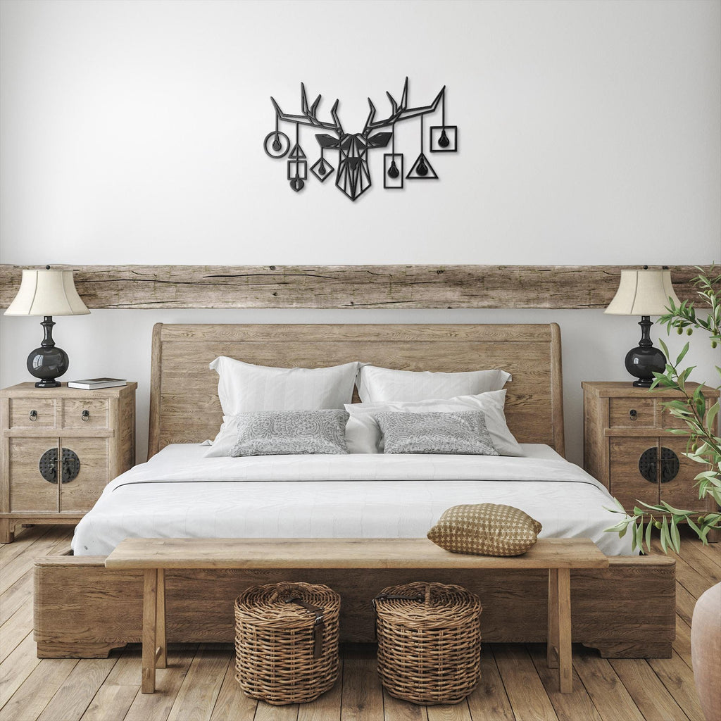 Geometric Stag Metal Wall Art, Deer Head with Bulbs, Modern Industrial Sign, Antler Art
