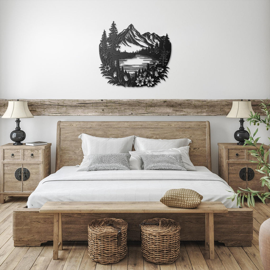 Mountain Metal Wall Art, Lake Cabin Decor, Rustic Pine Tree Silhouette