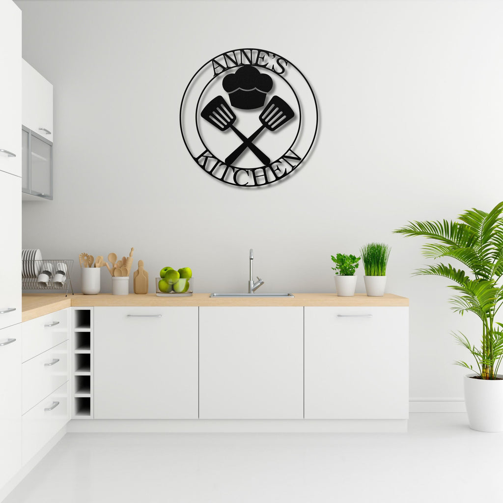Personalized Kitchen Metal Sign, Chef Hat & Spatula Art