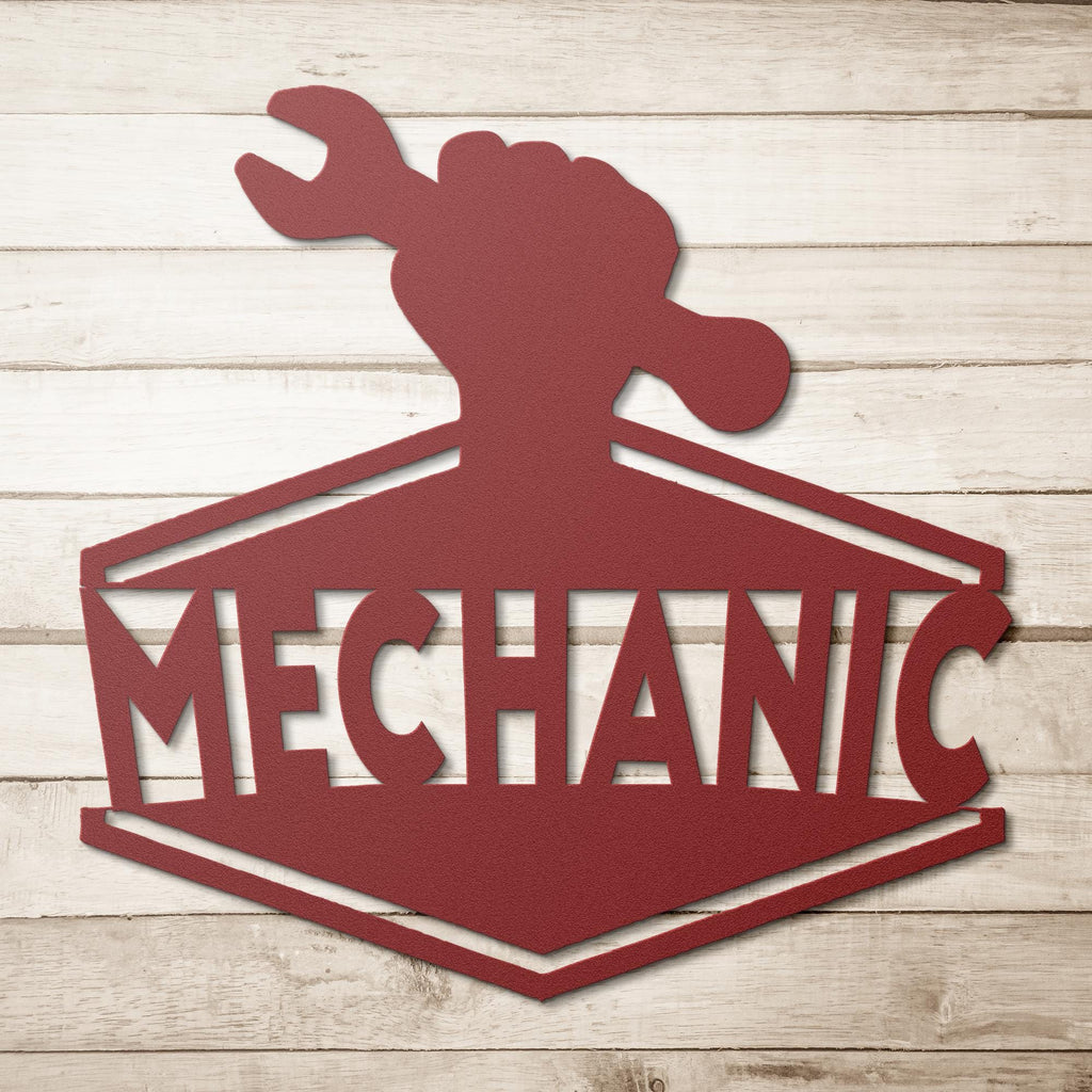 Mechanic Metal Business Logo Sign - Wrench in Hand Design