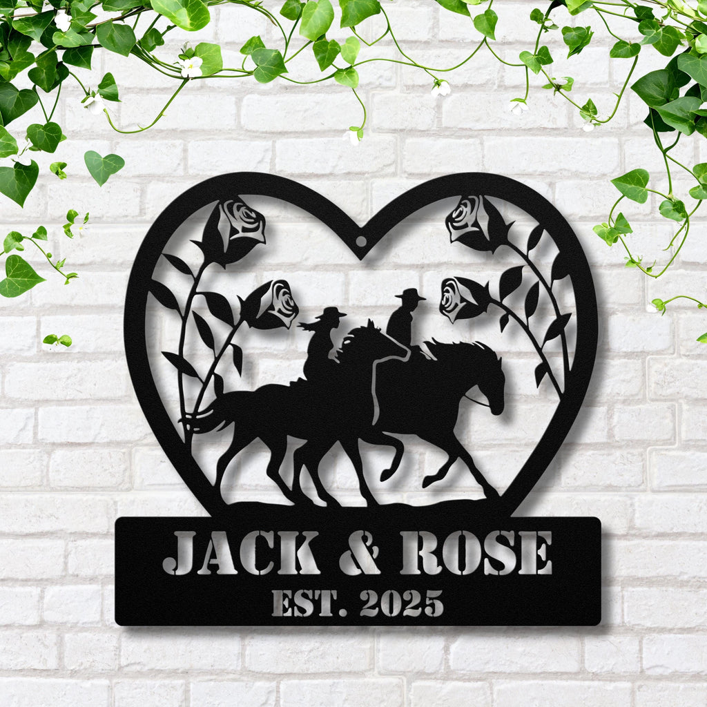 Custom Horse Couple Metal Sign | Personalized Wedding Gift | Heart Roses Equestrian Art | Anniversary Ranch Die-Cut